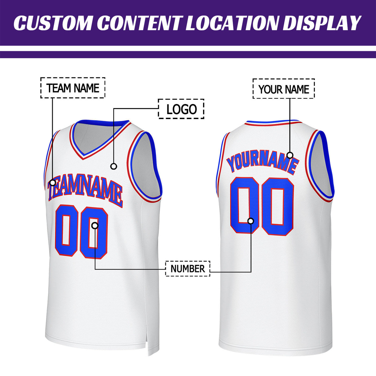 Custom White, Blue & Red Basketball Jersey | Personalized Name & Number Team Uniform