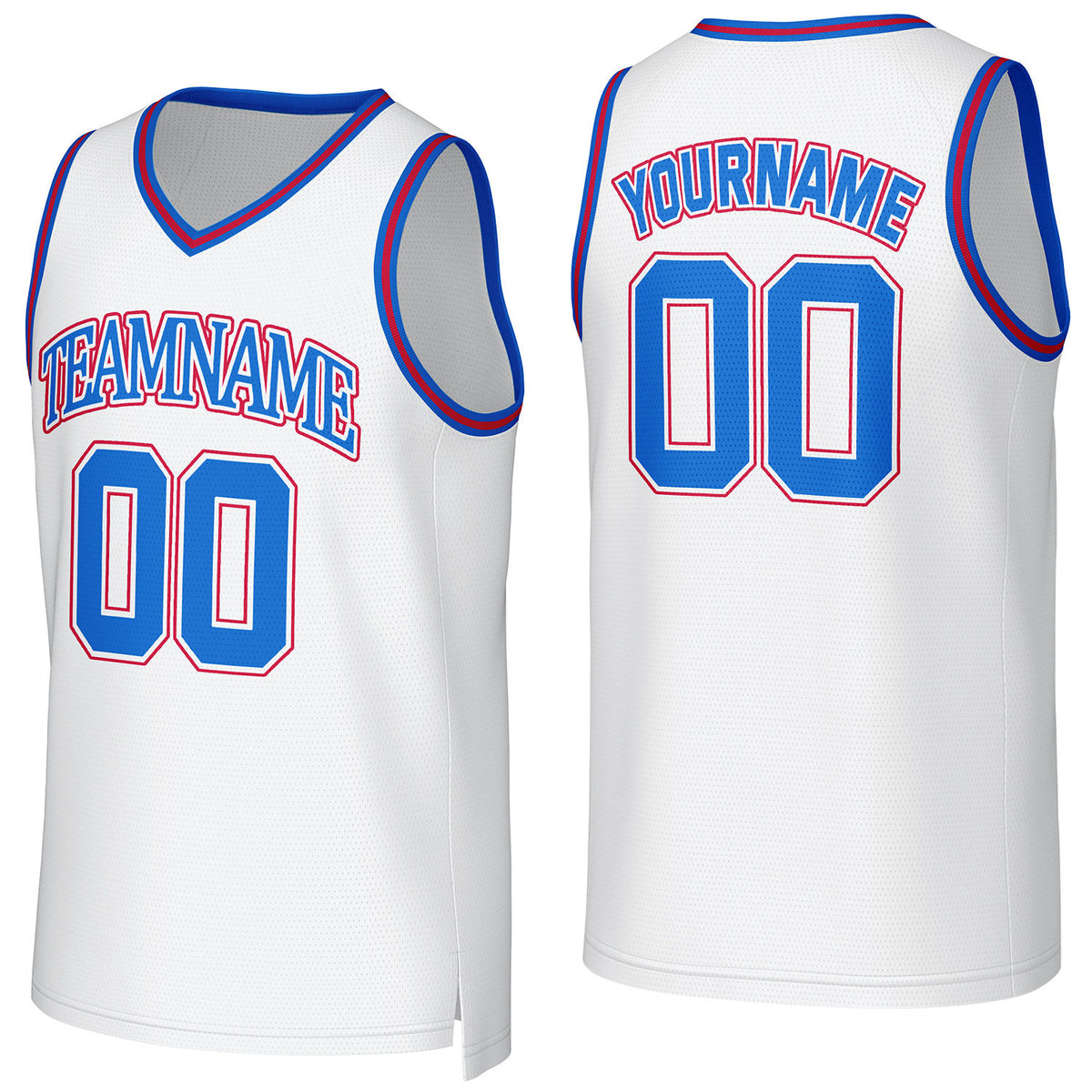 Custom white-blue-red V-neck mesh basketball jersey by Vosoli | Personalized name &amp; number team uniform for youth &amp; adults