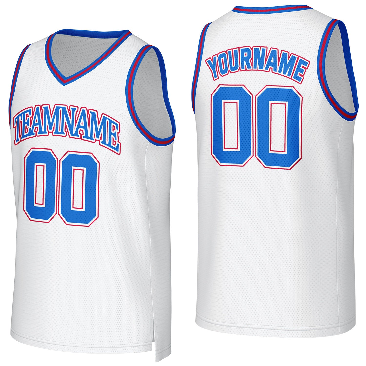 Custom white-blue-red V-neck mesh basketball jersey by Vosoli | Personalized name & number team uniform for youth & adults