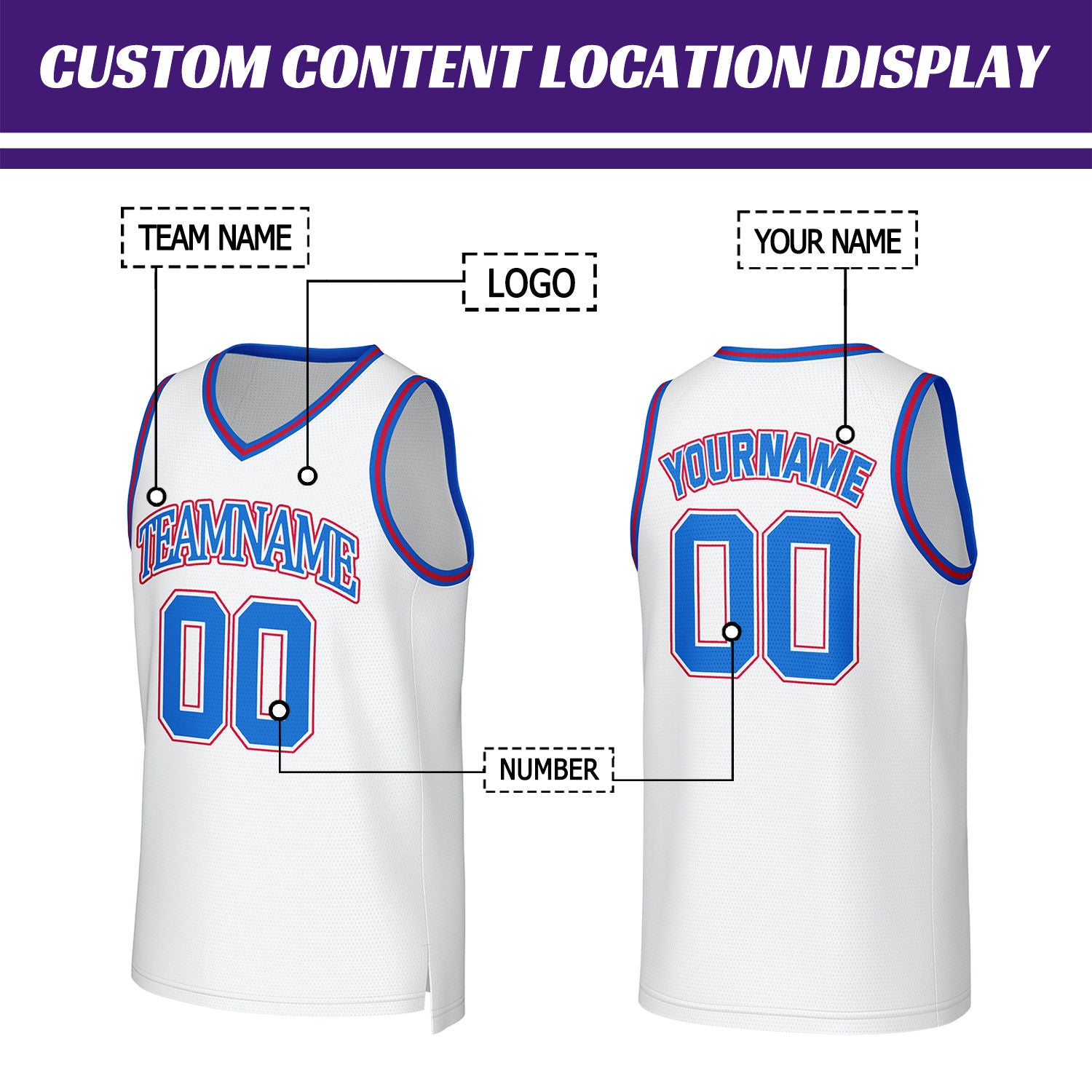 Custom White & Blue Red Mesh Basketball Jersey | Personalized Team Uniform for youth & adults
