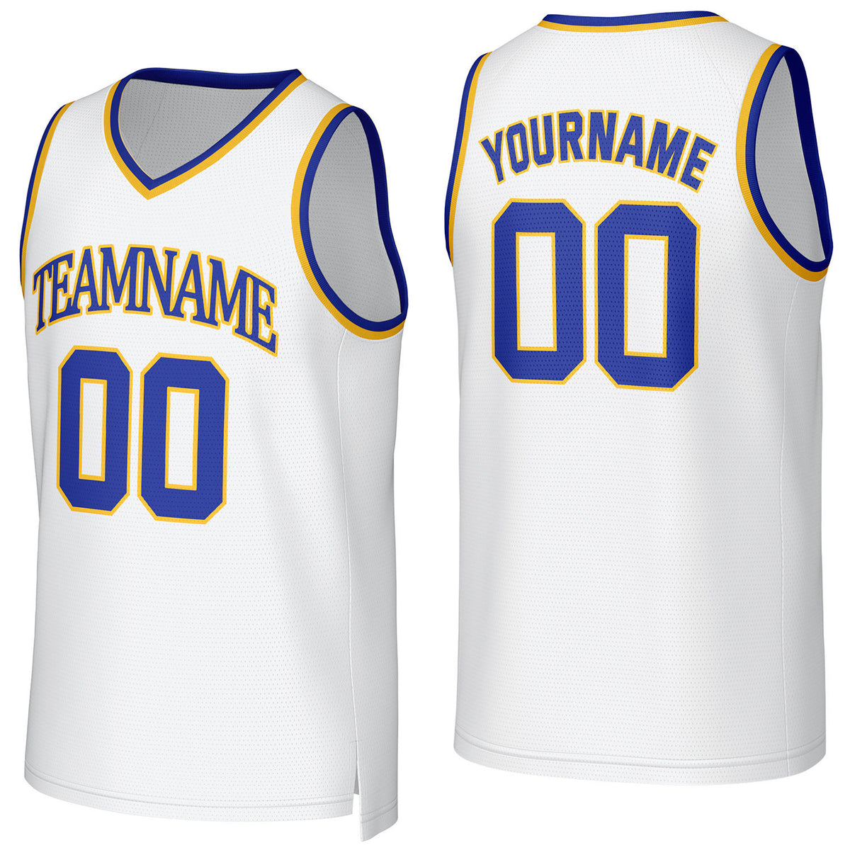 Custom white-blue-yellow V-neck mesh basketball jersey by Vosoli | Personalized name &amp; number team uniform for youth &amp; adults