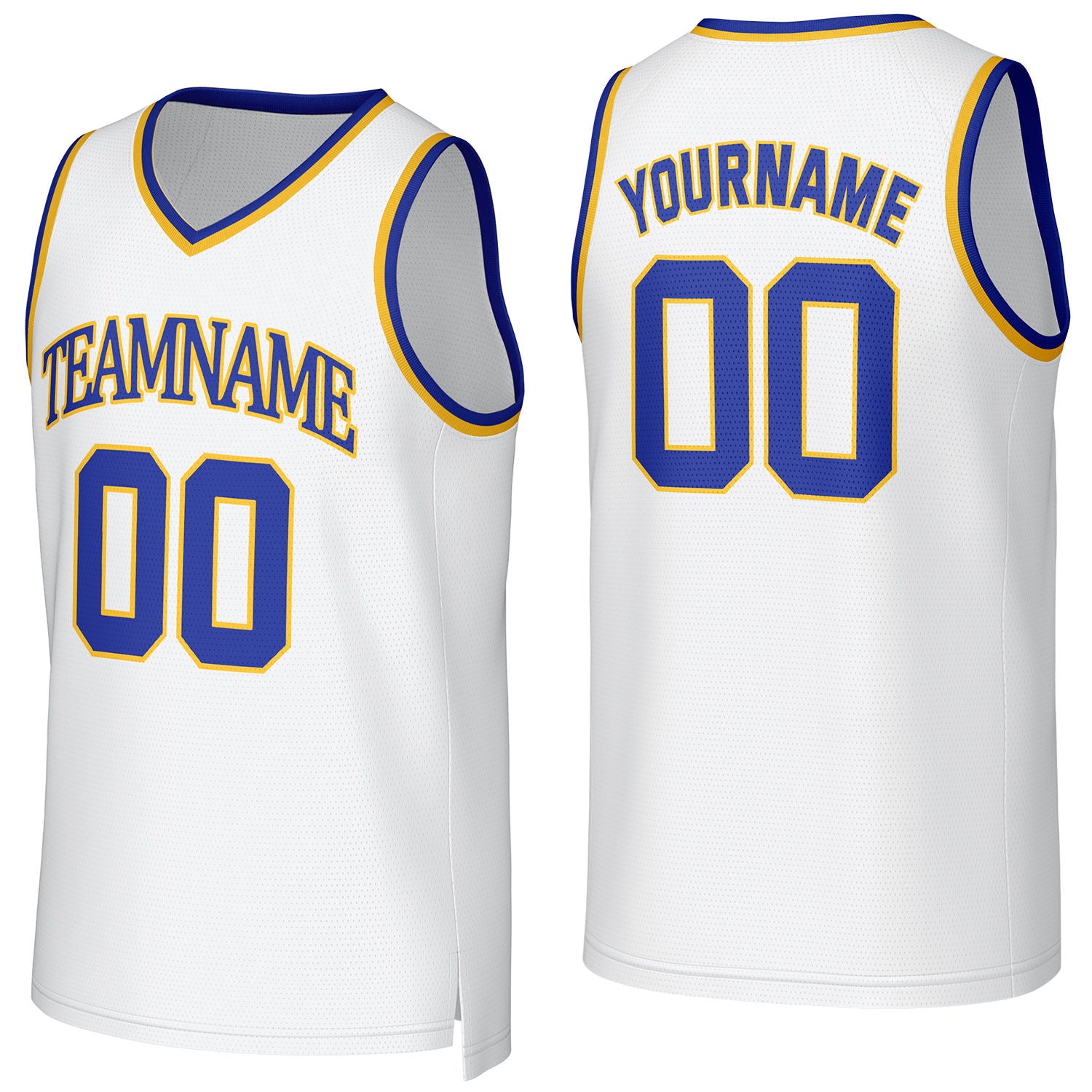 Custom white-blue-yellow V-neck mesh basketball jersey by Vosoli | Personalized name & number team uniform for youth & adults