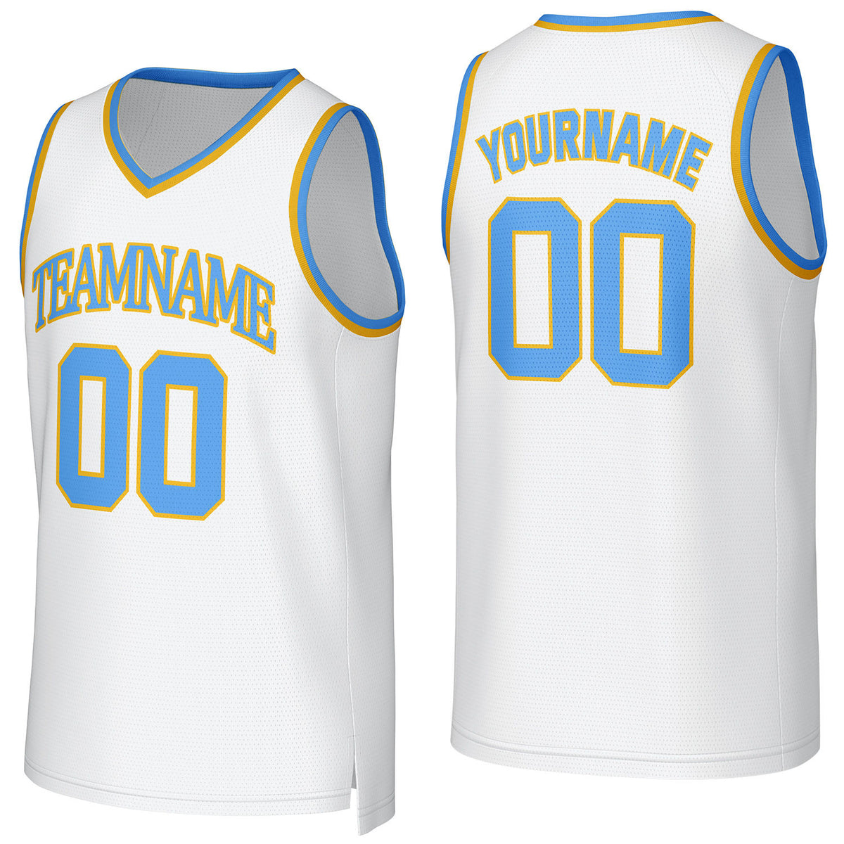 Custom white-blue-yellow V-neck mesh basketball jersey by Vosoli | Personalized name &amp; number team uniform for youth &amp; adults