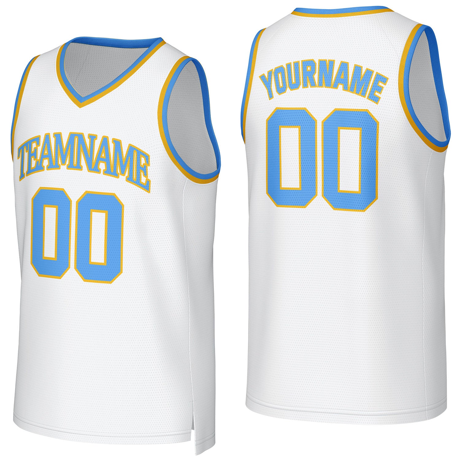 Custom white-blue-yellow V-neck mesh basketball jersey by Vosoli | Personalized name & number team uniform for youth & adults