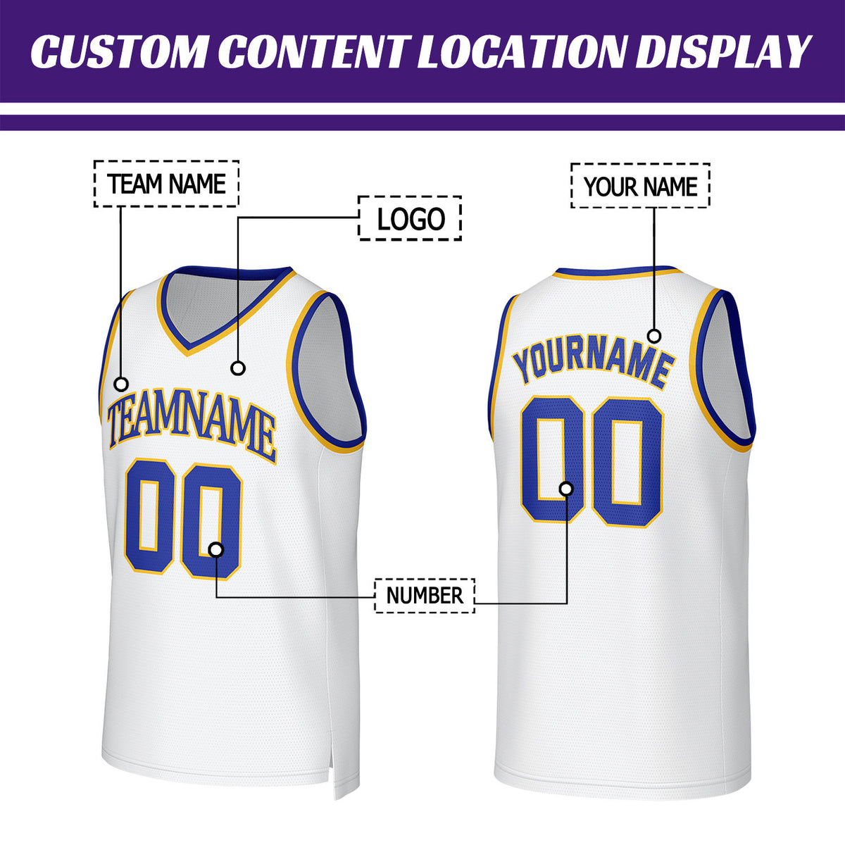Custom White & Blue Yellow Mesh Basketball Jersey | Personalized Team Uniform for youth & adults