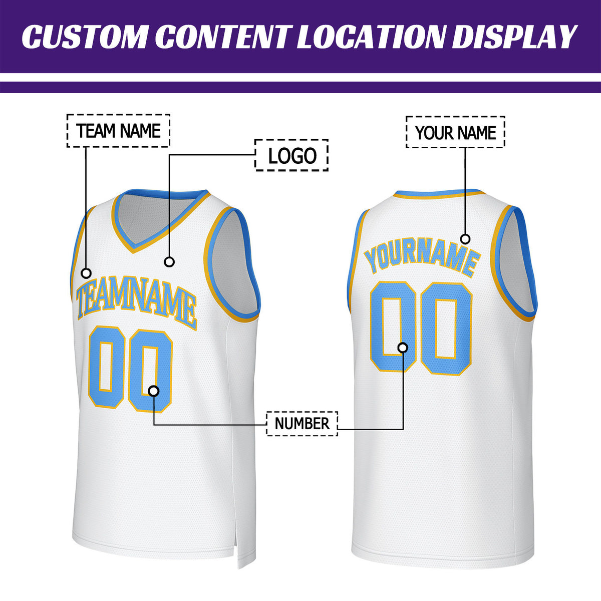 Custom White & Blue Yellow Mesh Basketball Jersey | Personalized Team Uniform for youth & adults