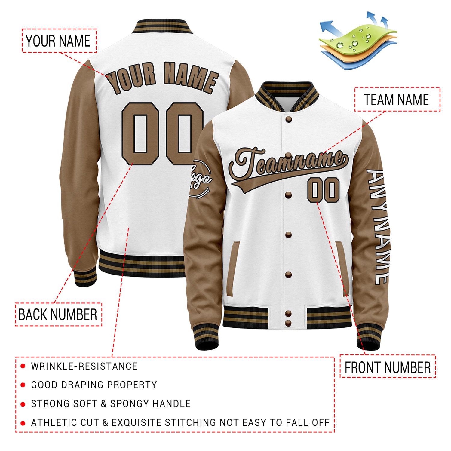 Custom White & Brown Two Tone Varsity Letterman Jacket | Personalized Stitched Team Name Number Outerwear