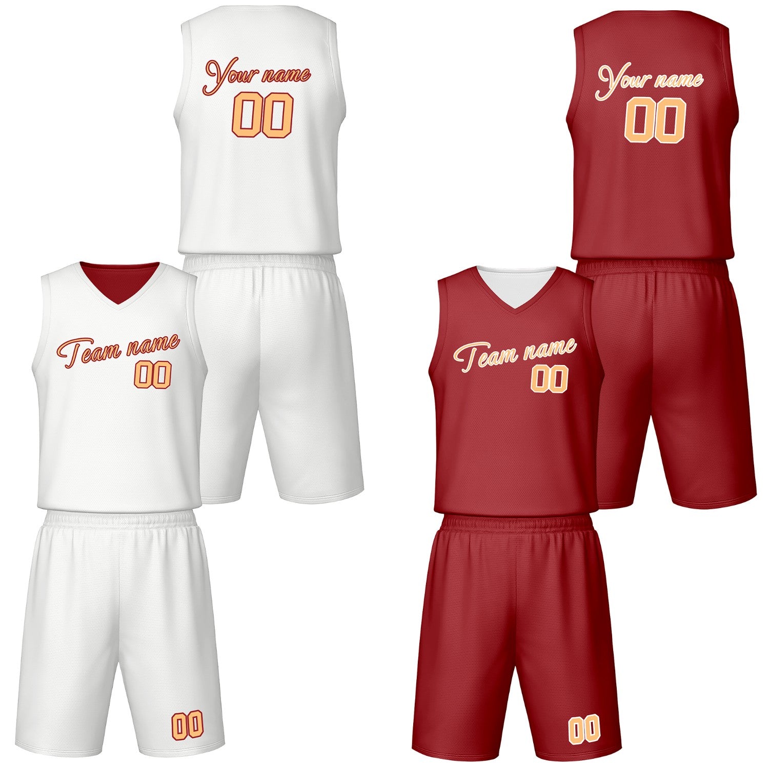 Custom white & burgundy reversible basketball jersey shorts set by Vosoli | Personalized script team name number vintage uniform sportswear