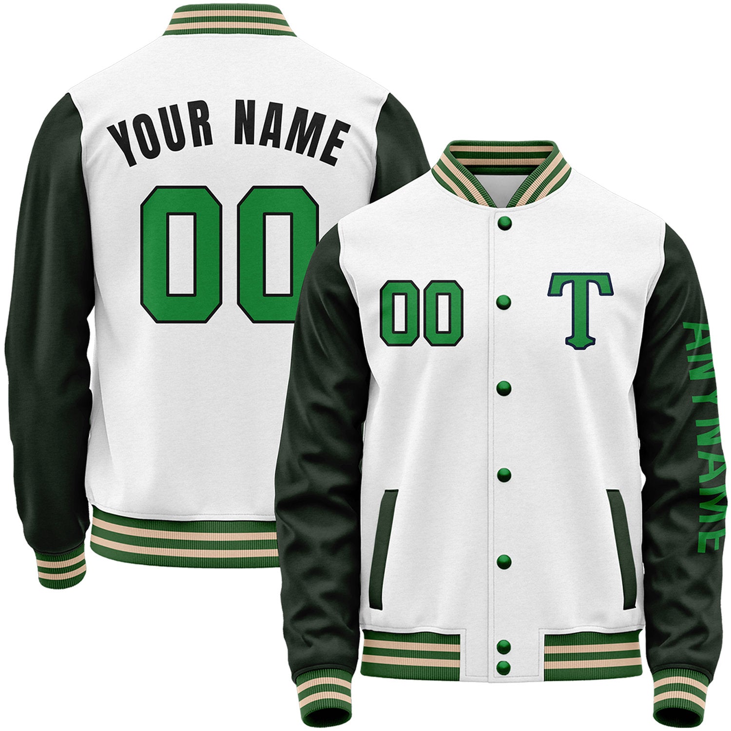 Custom white and dark green team varsity jacket by Vosoli with stitched name, number and logo. Classic varsity jacket for baseball and casual wear.