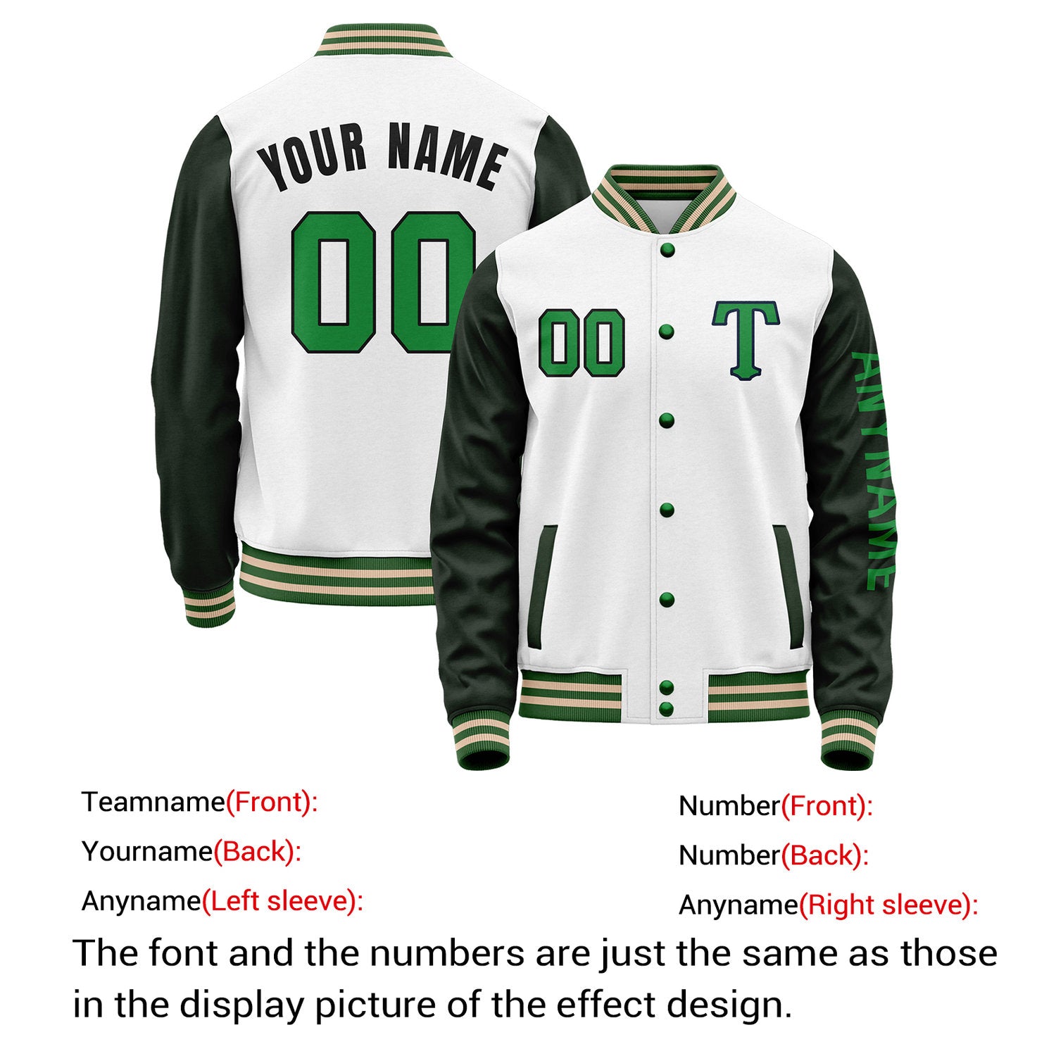 Custom White & Dark Green Varsity Letterman Jacket | Personalized Baseball Bomber Coat for Adult & Youth