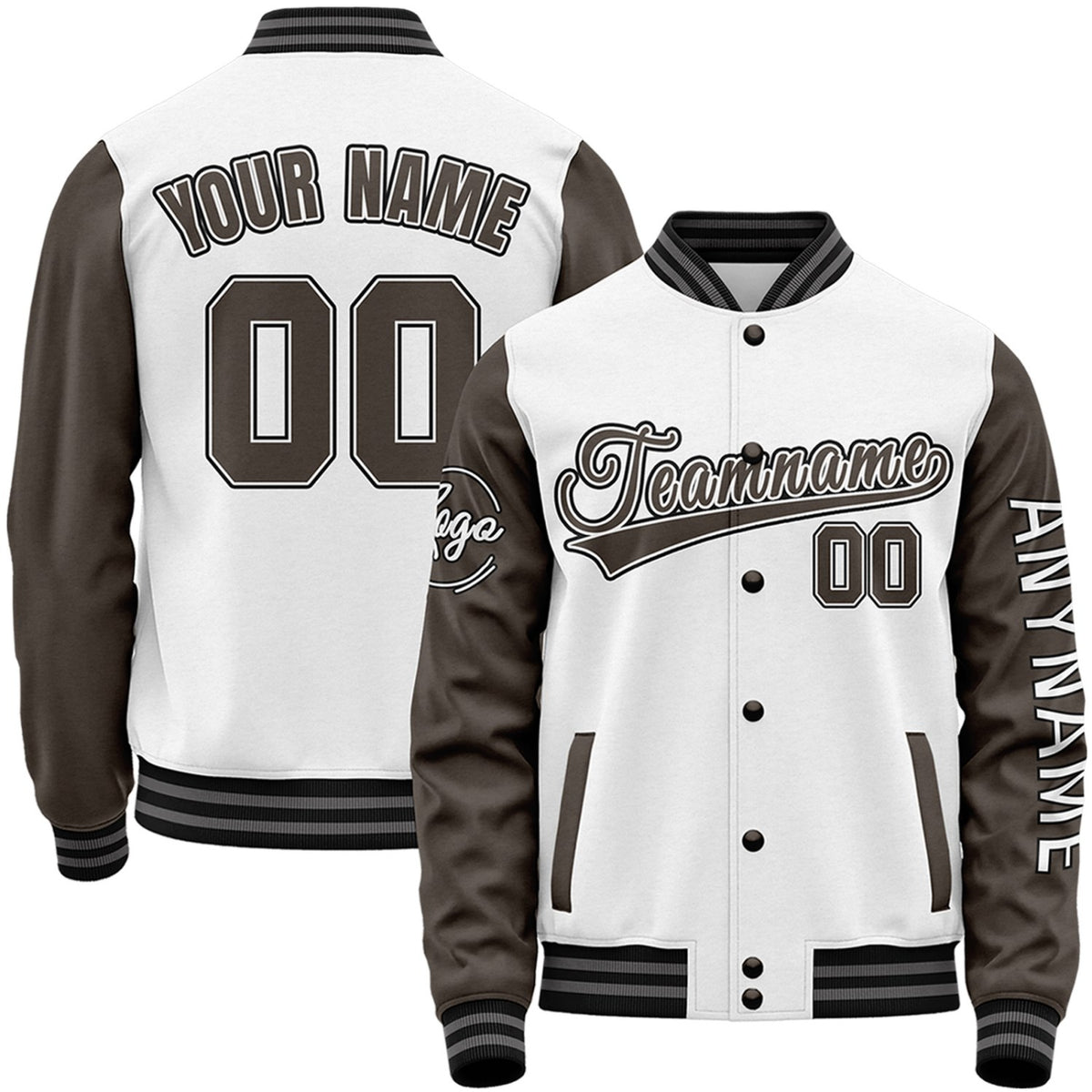 Custom white and dark brown high school baseball jackets by Vosoli with stitched name, number and logo. Classic varsity jacket for baseball and casual wear.