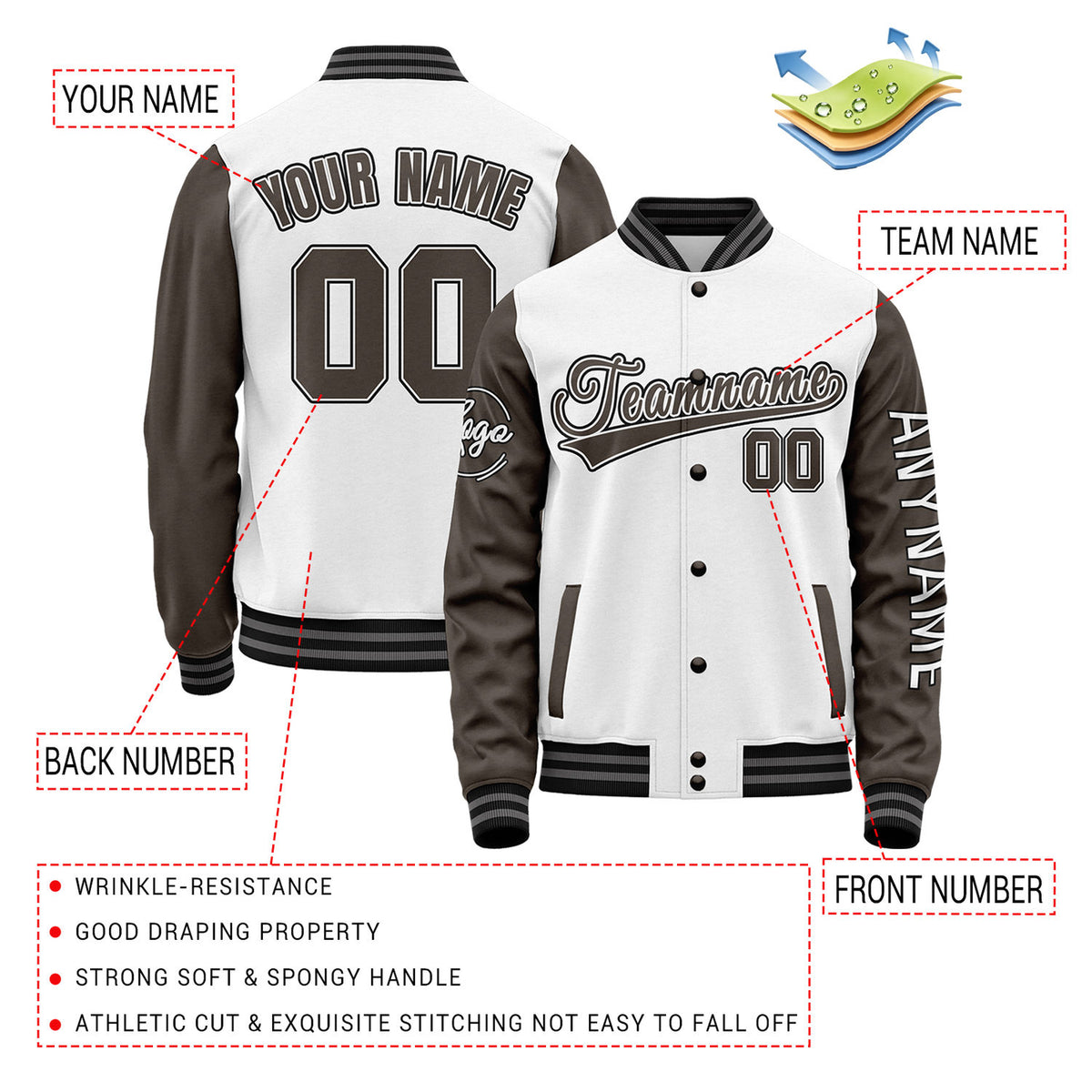 Custom White & Dark Brown Two Tone Varsity Letterman Jacket | Personalized Stitched Team Name Number Outerwear