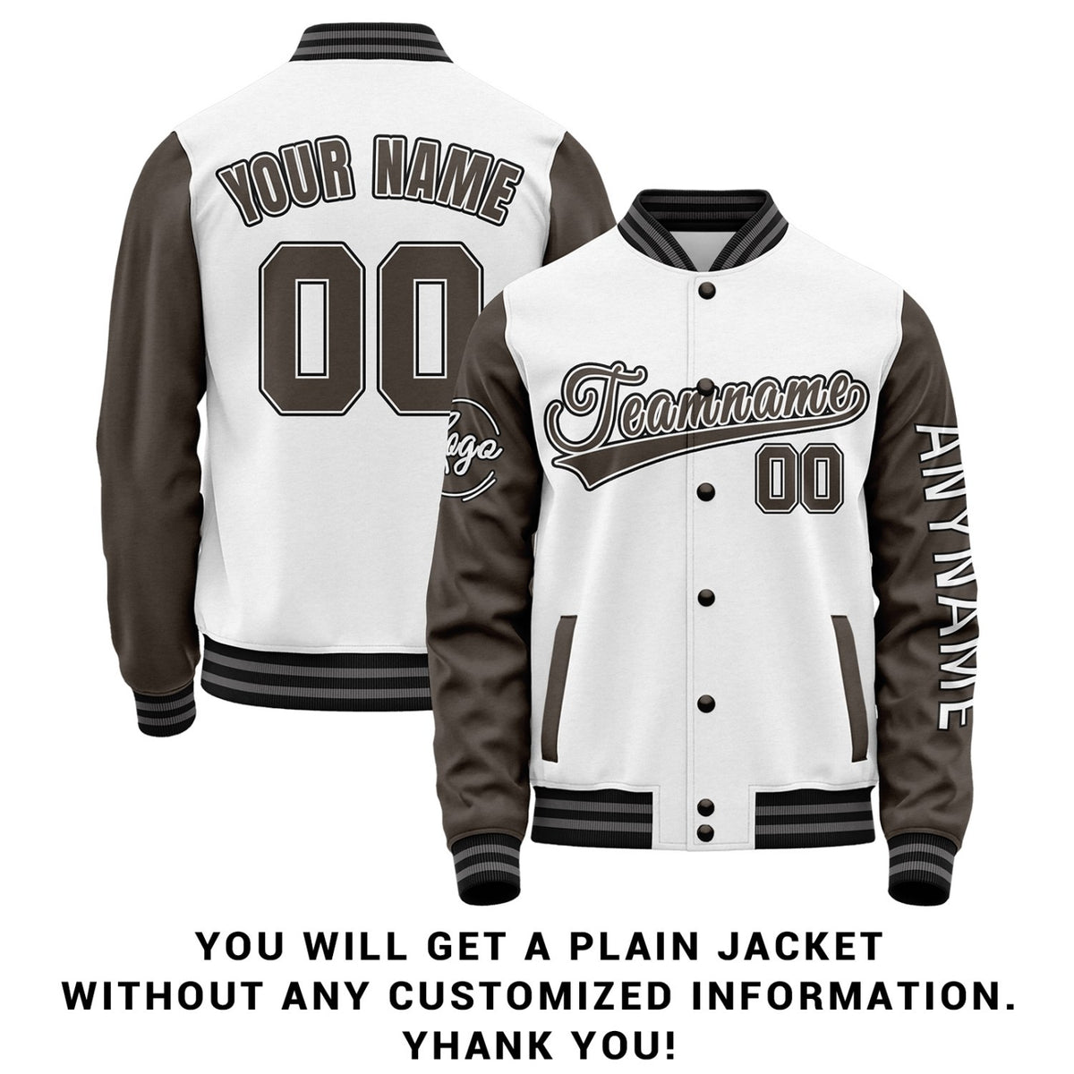 Custom White & Dark Brown Two Tone Varsity Letterman Jacket | Personalized Stitched Team Name Number Outerwear