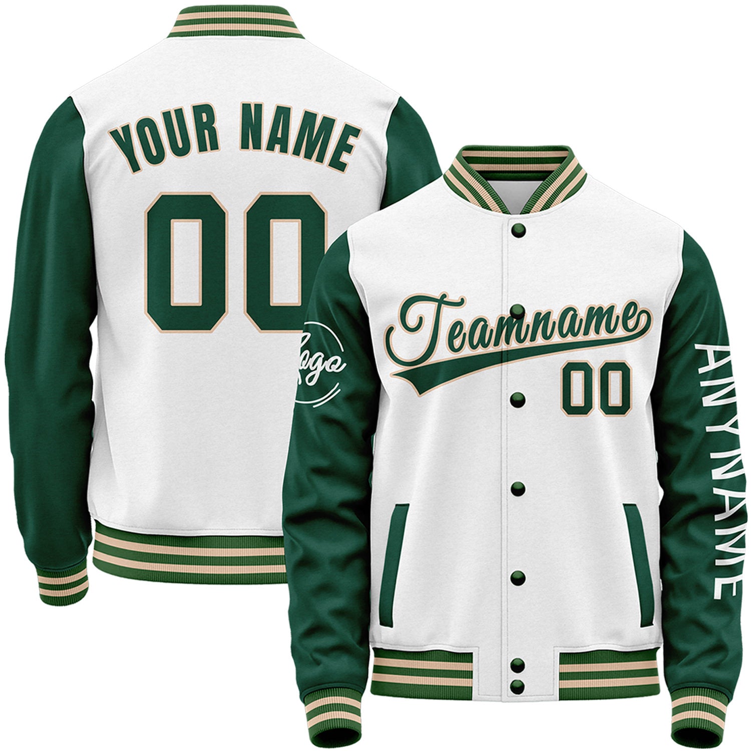 Custom white and dark green senior baseball jackets high school by Vosoli with stitched name, number and logo. Classic varsity jacket for baseball and casual wear.