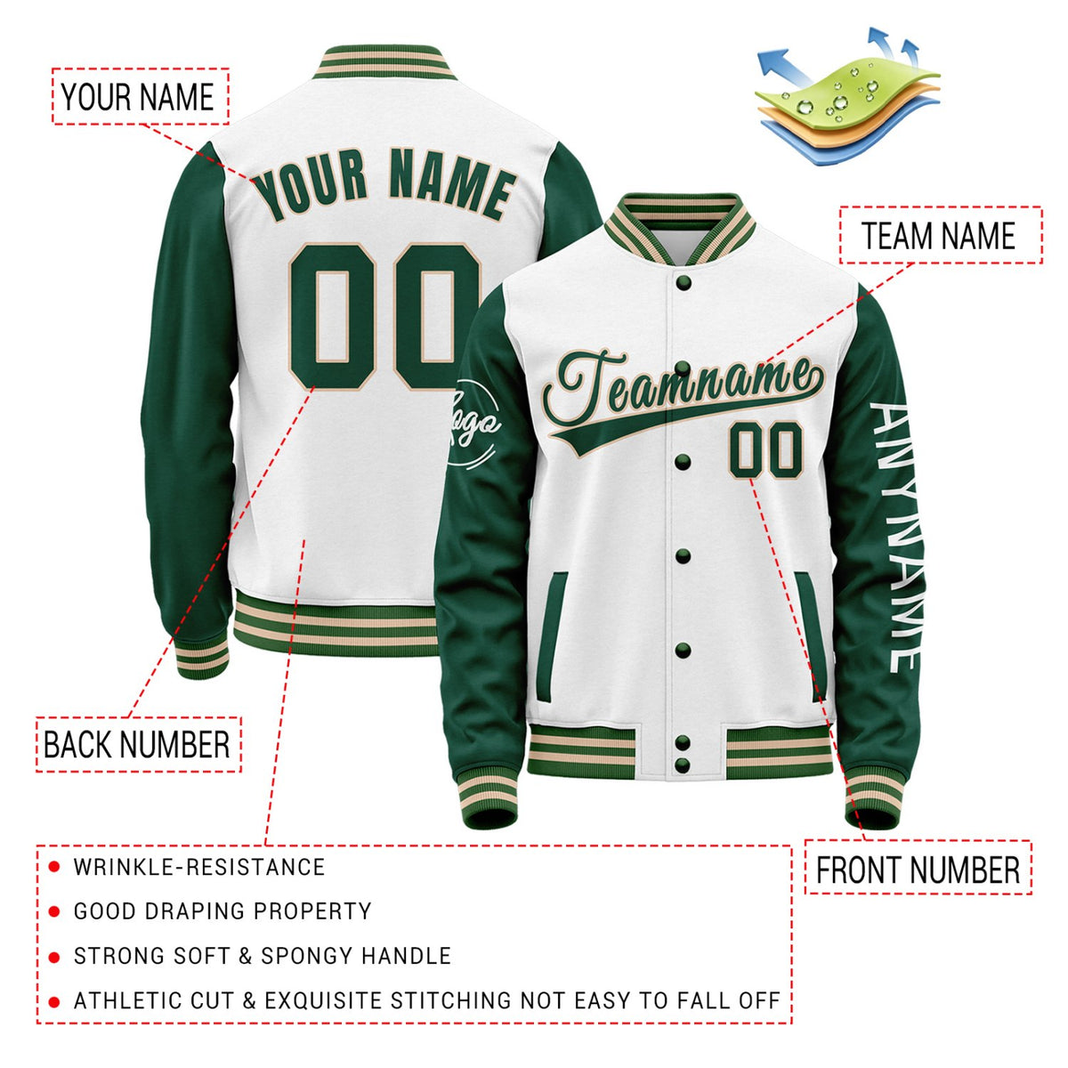 Custom White & Dark Green Two Tone Varsity Letterman Jacket | Personalized Stitched Team Name Number Outerwear