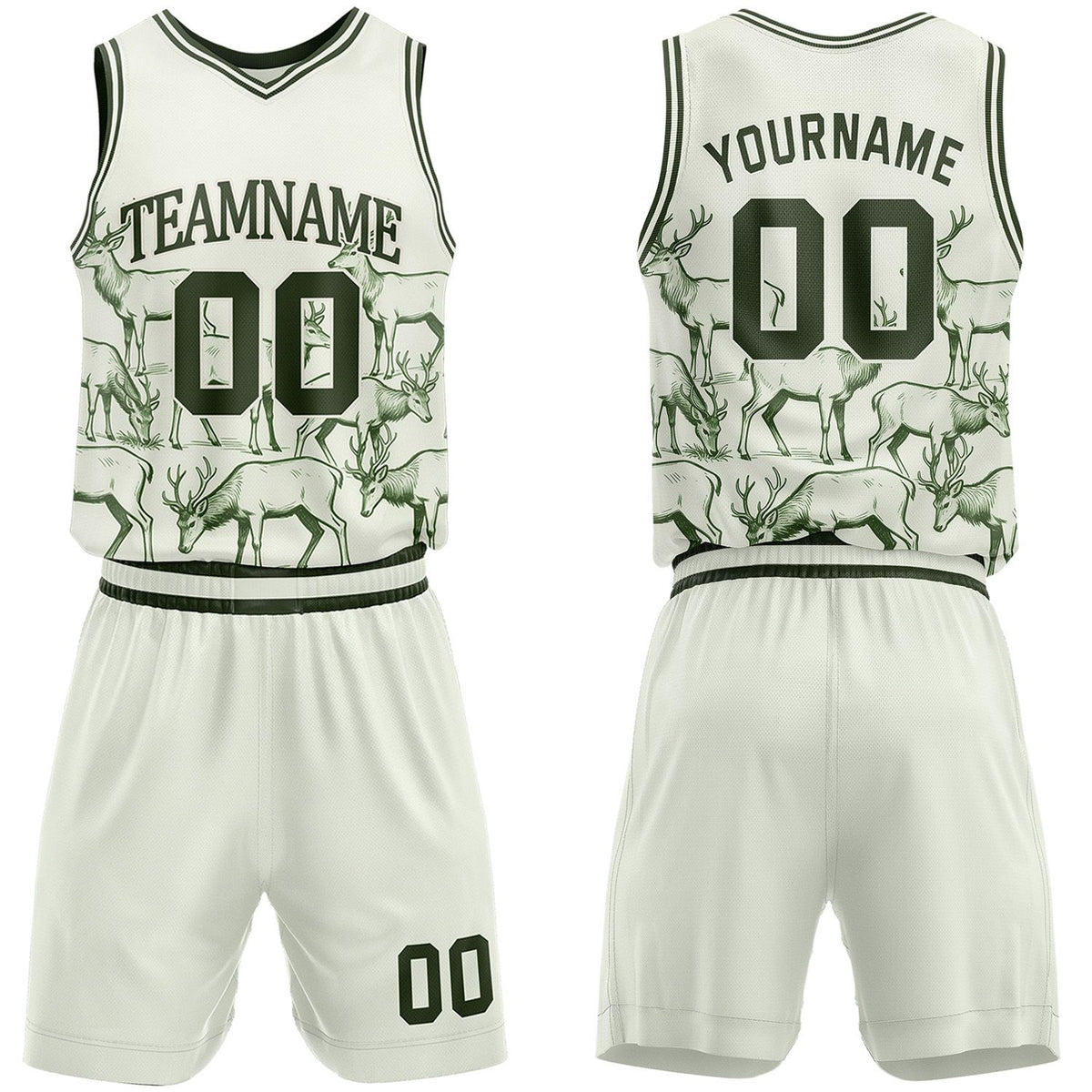 Custom white deer theme basketball jersey &amp; shorts set by Vosoli | Personalized team name &amp; number sportswear