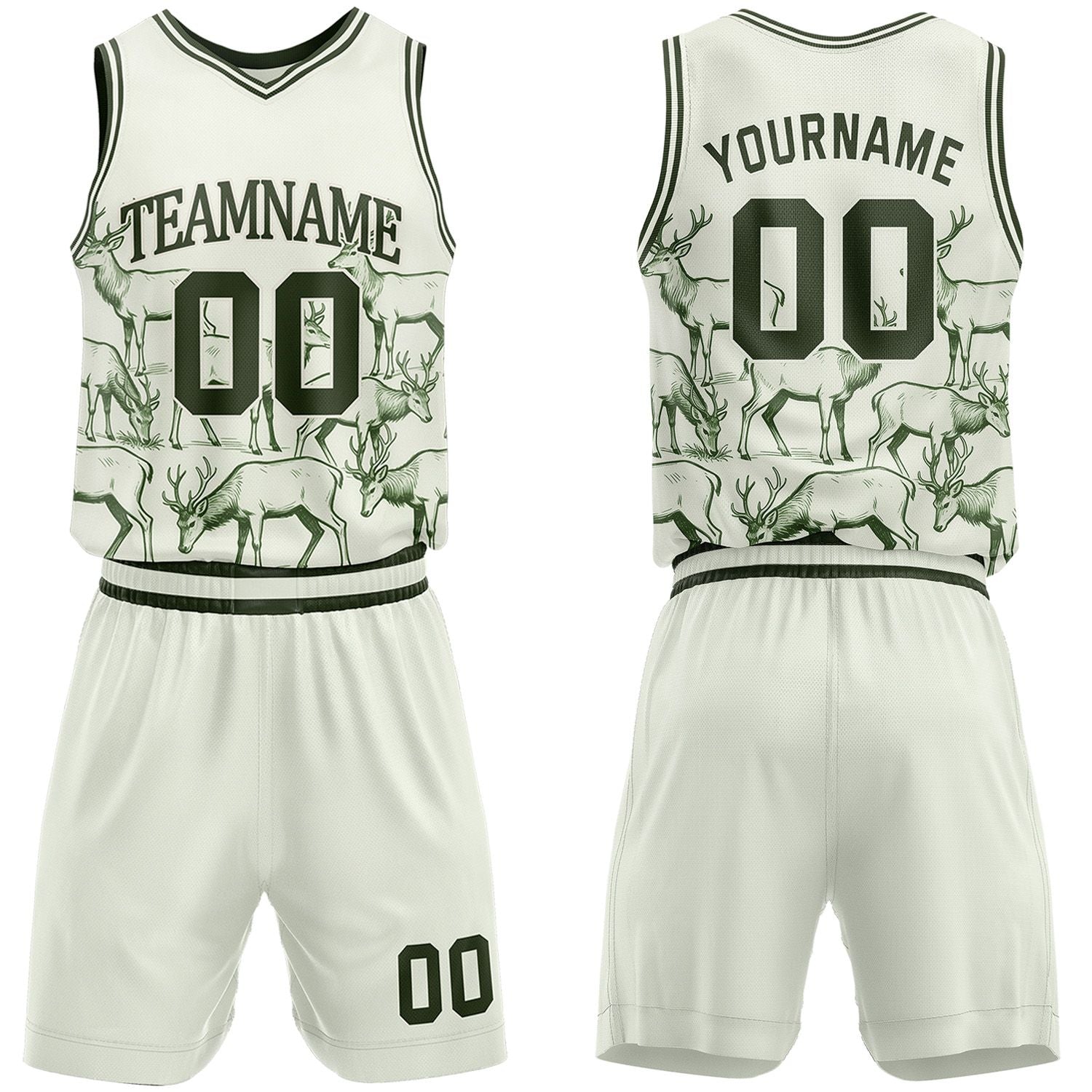 Custom white deer theme basketball jersey & shorts set by Vosoli | Personalized team name & number sportswear