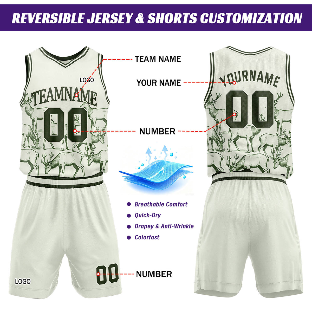 Custom White Deer Theme Basketball Jersey & Shorts Set | Personalized Team Uniform