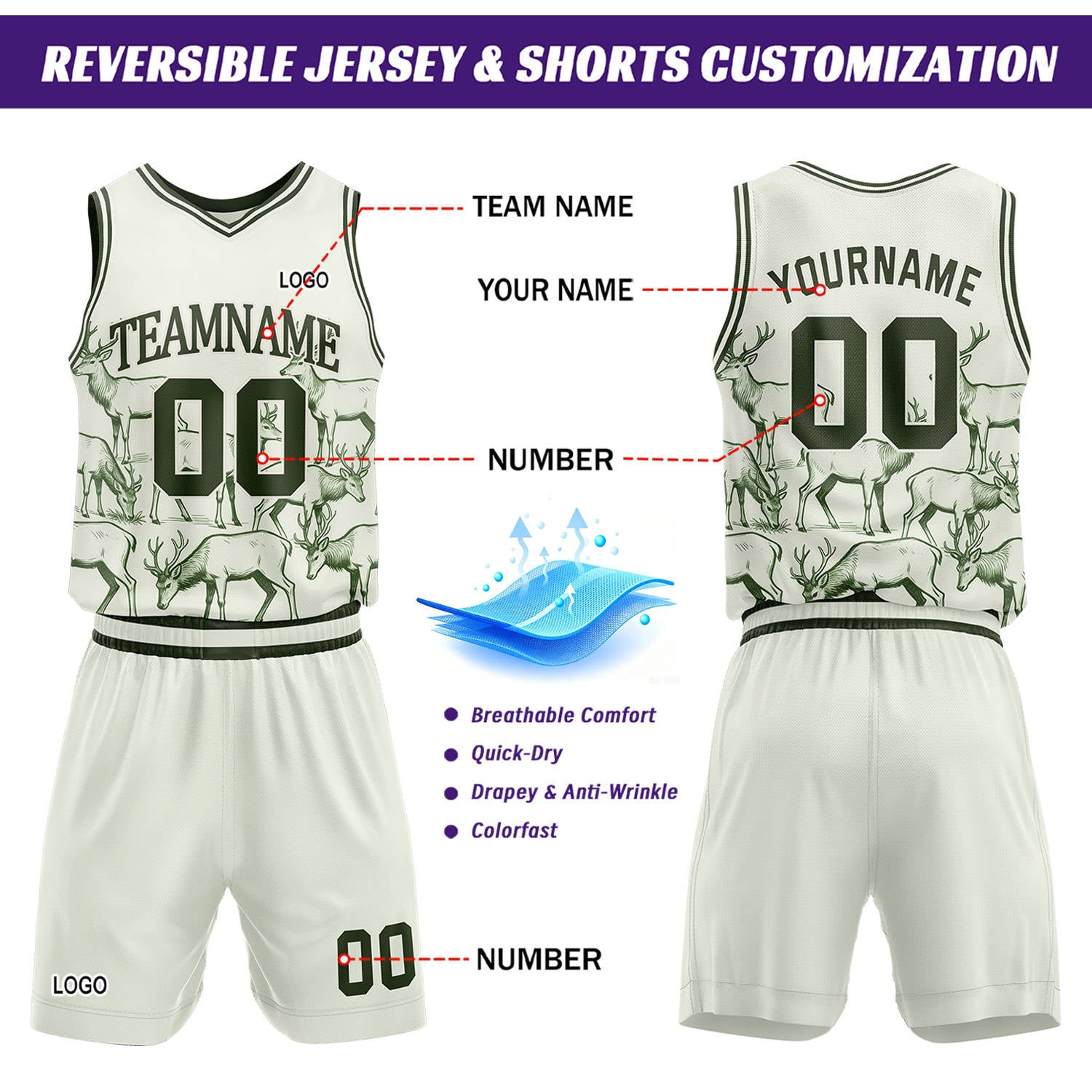 Custom white deer theme basketball jersey & shorts set by Vosoli | Personalized team name & number sportswear