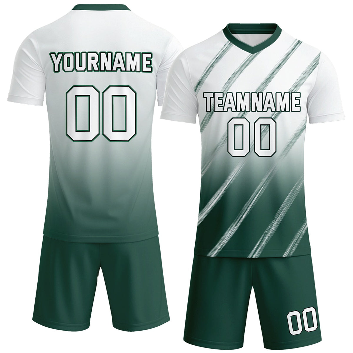 Custom white &amp; forest green gradient soccer jersey set, personalized name number team logo, short-sleeve jersey with matching shorts sports uniform for men women youth adult game practice - Vosoli