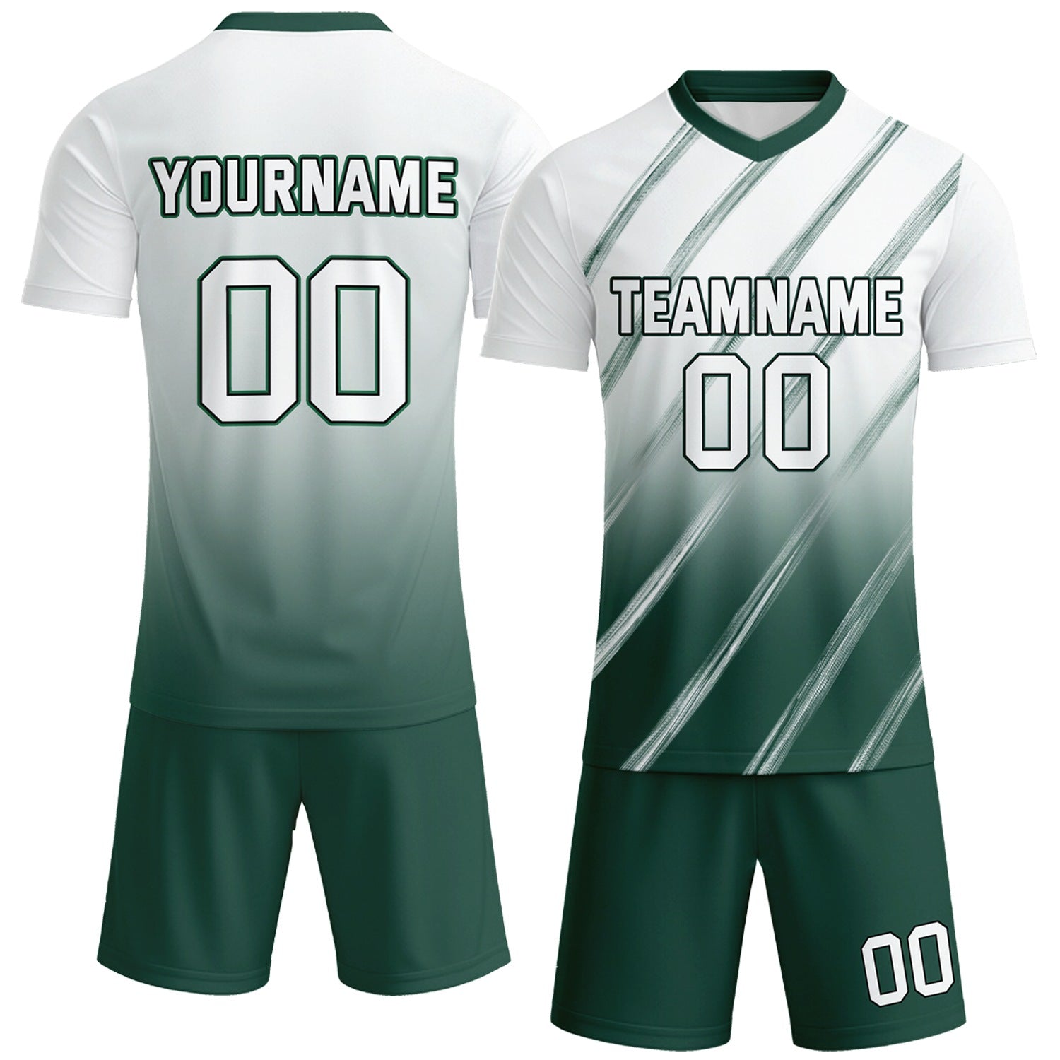 Custom white & forest green gradient soccer jersey set, personalized name number team logo, short-sleeve jersey with matching shorts sports uniform for men women youth adult game practice - Vosoli