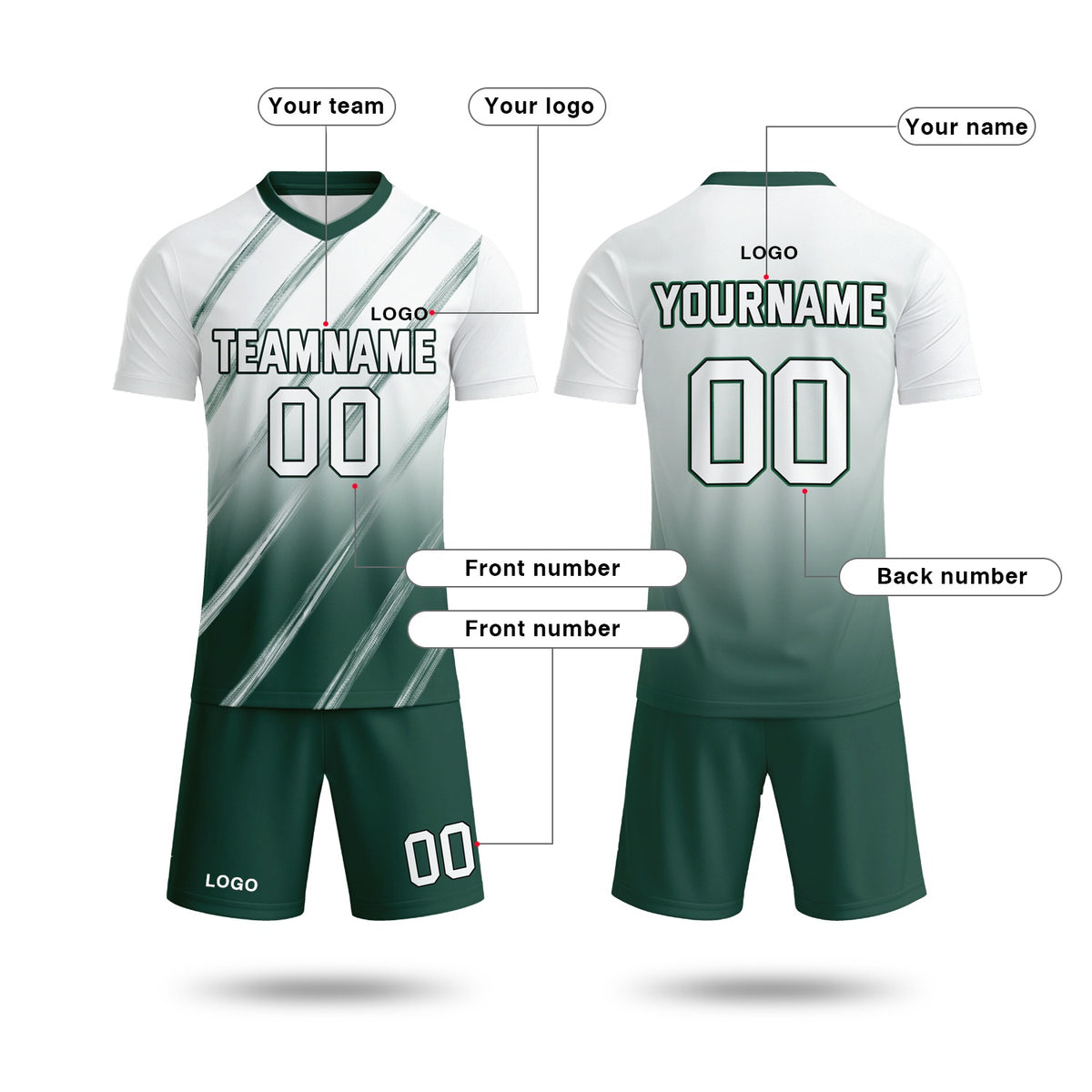 Custom White & Forest Green Gradient Soccer Jersey Set | Personalized Team Uniform | Vosoli