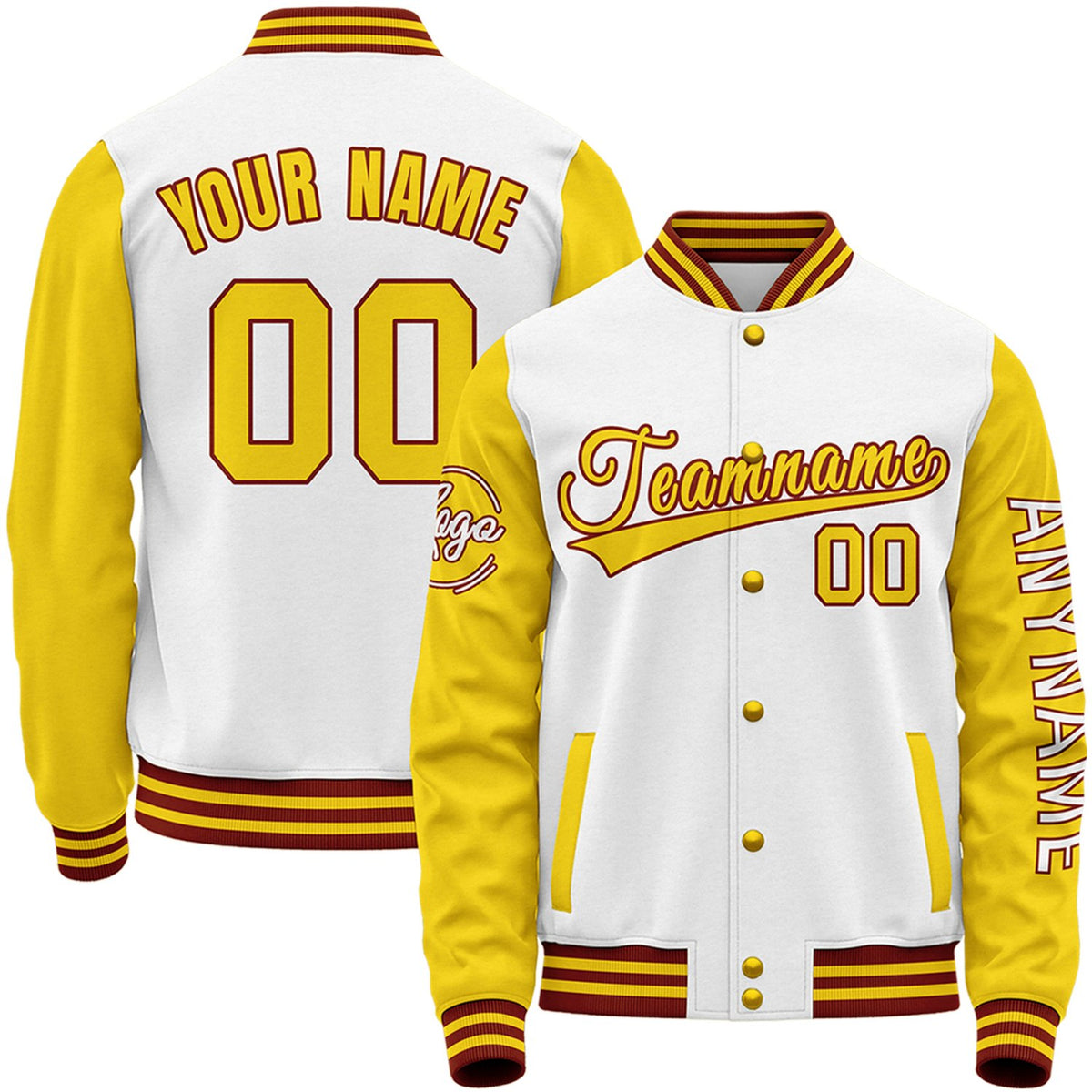 Custom white and gold baseball team apparel by Vosoli with stitched name, number and logo. Classic varsity jacket for baseball and casual wear.