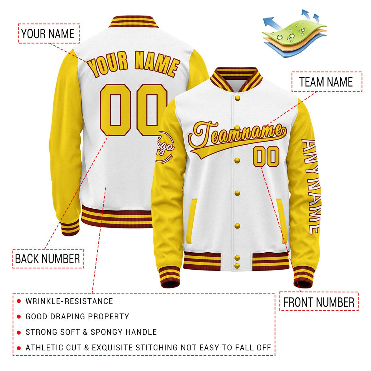 Custom White & Gold Two Tone Varsity Letterman Jacket | Personalized Stitched Team Name Number Outerwear
