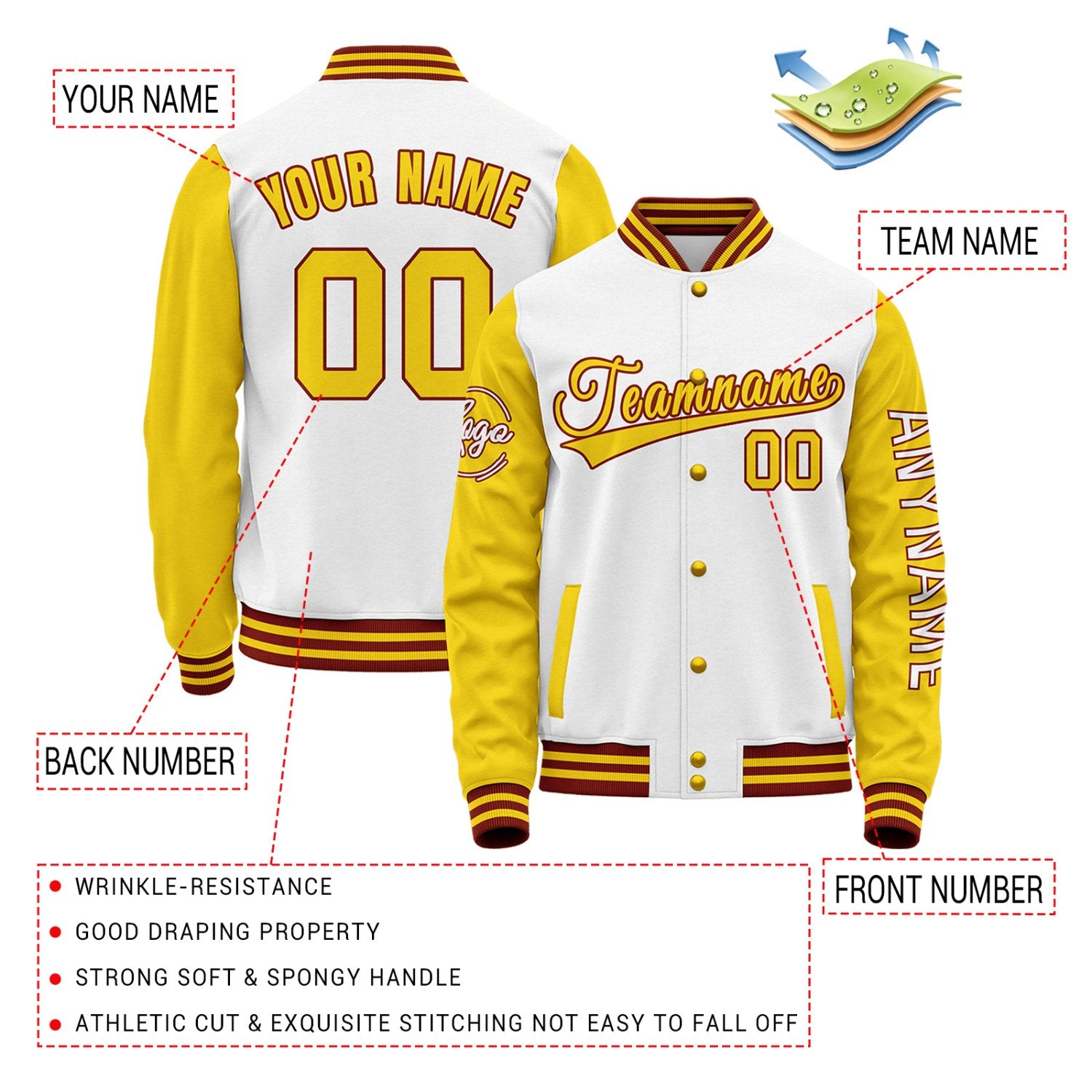 Custom White & Gold Two Tone Varsity Letterman Jacket | Personalized Stitched Team Name Number Outerwear