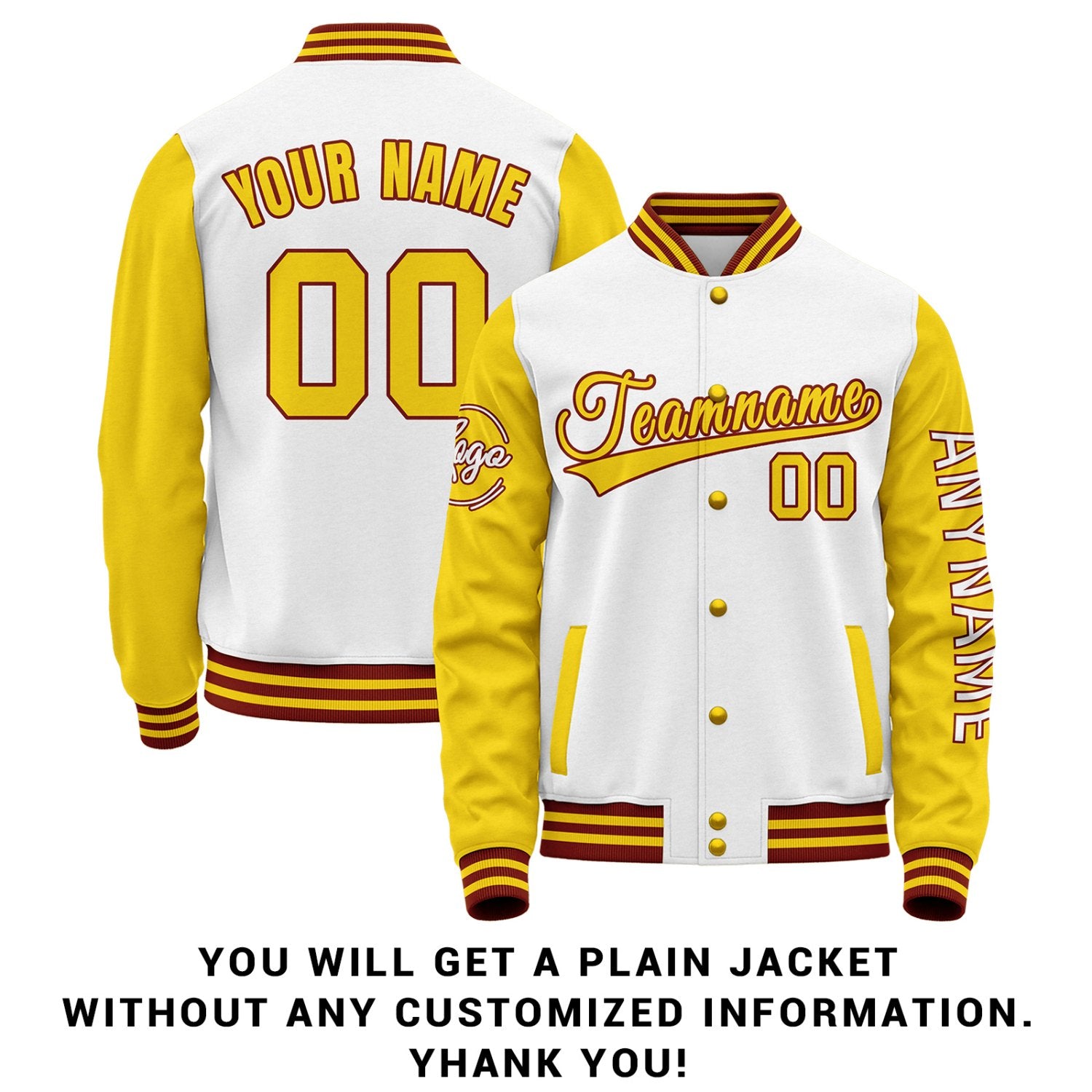 Custom White & Gold Two Tone Varsity Letterman Jacket | Personalized Stitched Team Name Number Outerwear