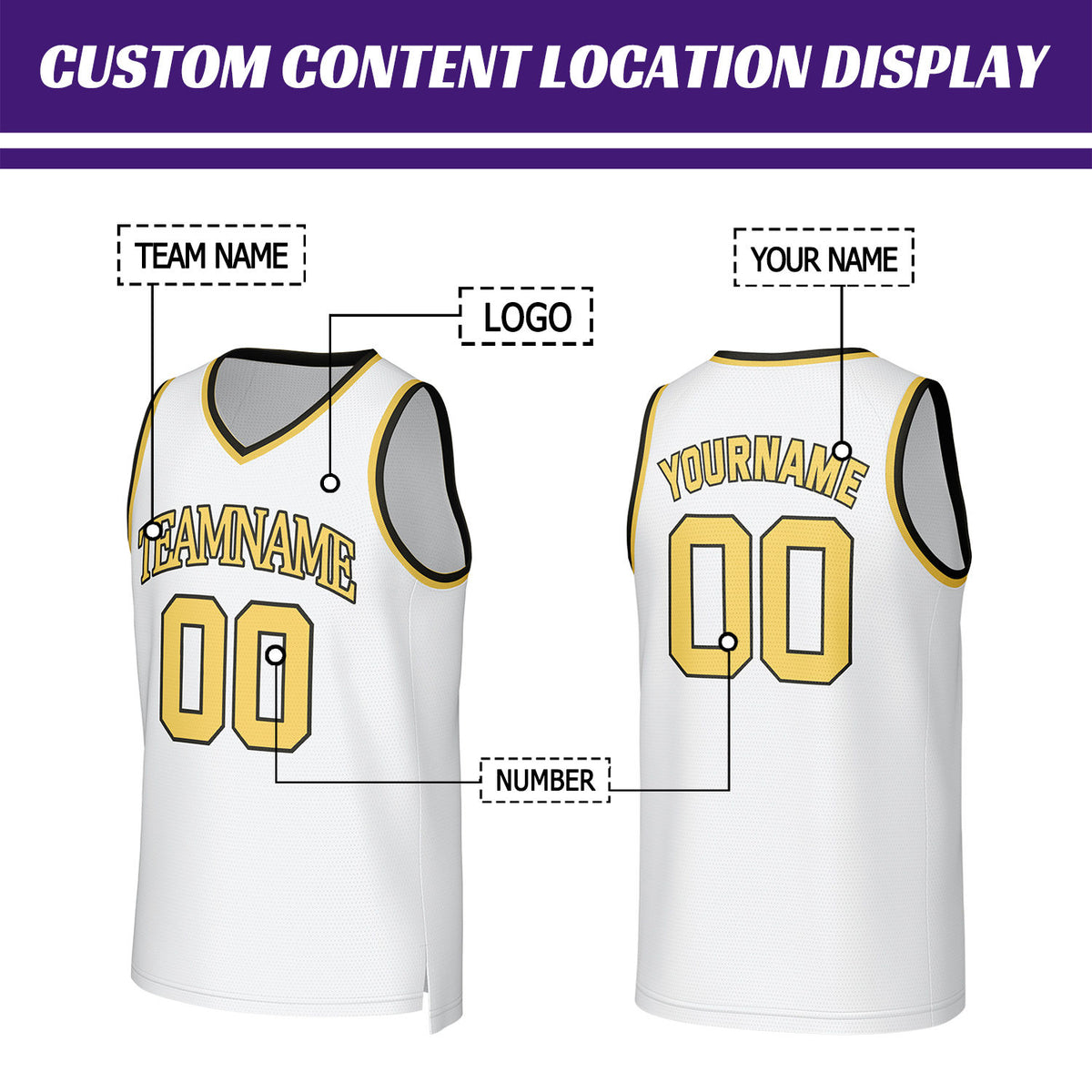 Custom White Gold Basketball Jersey | Personalized Name & Number Team Uniform