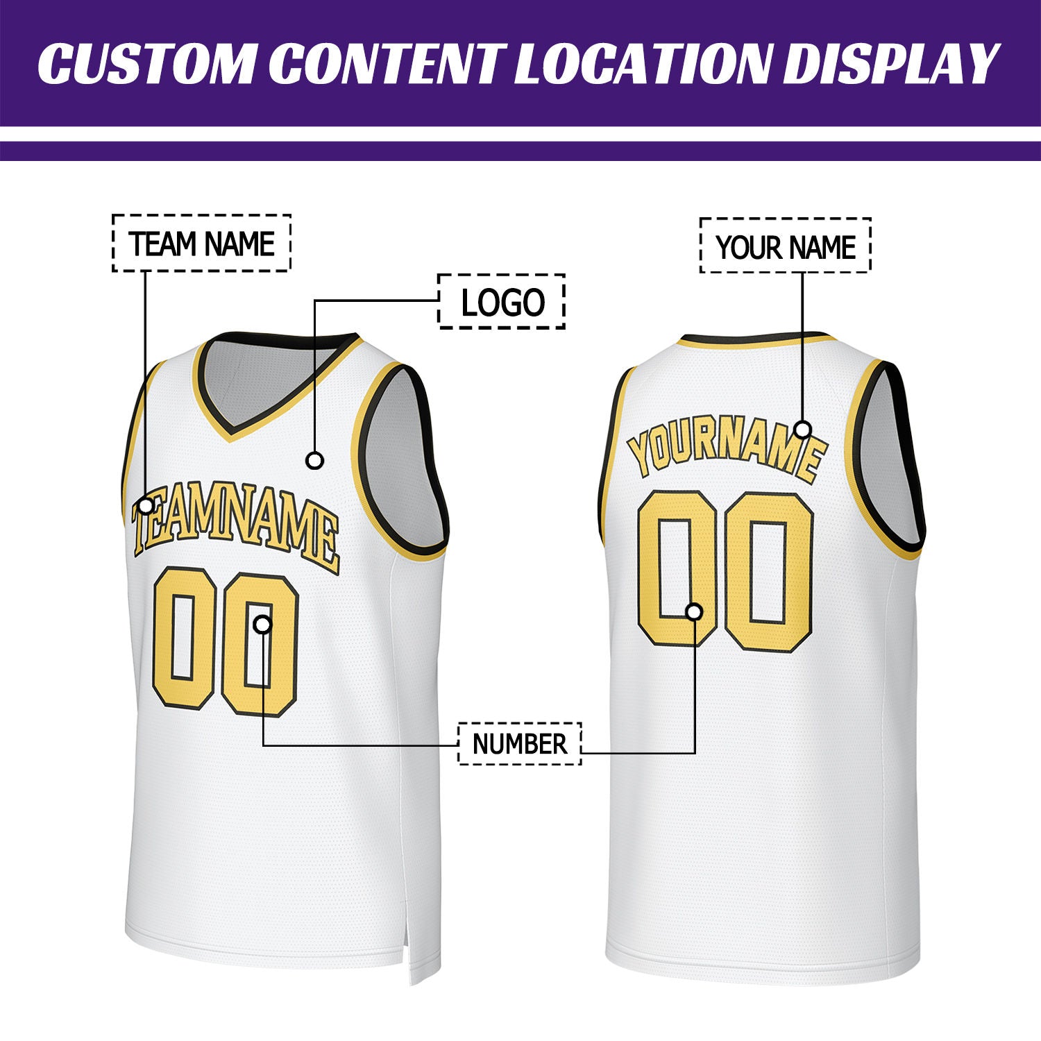 Custom White Gold Basketball Jersey | Personalized Name & Number Team Uniform