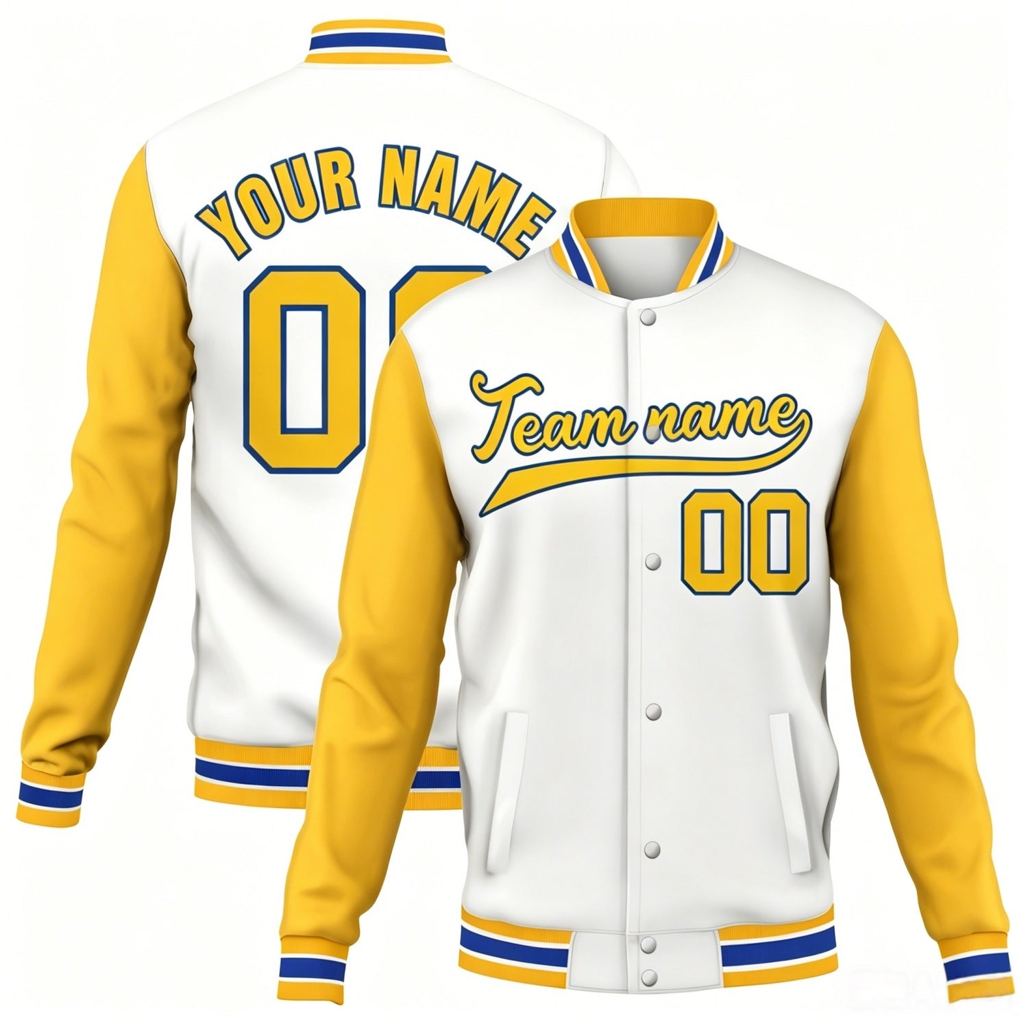 Custom white-gold contrast sleeve stitched varsity baseball jacket by Vosoli | Personalized team name & number jacket for youth & adults
