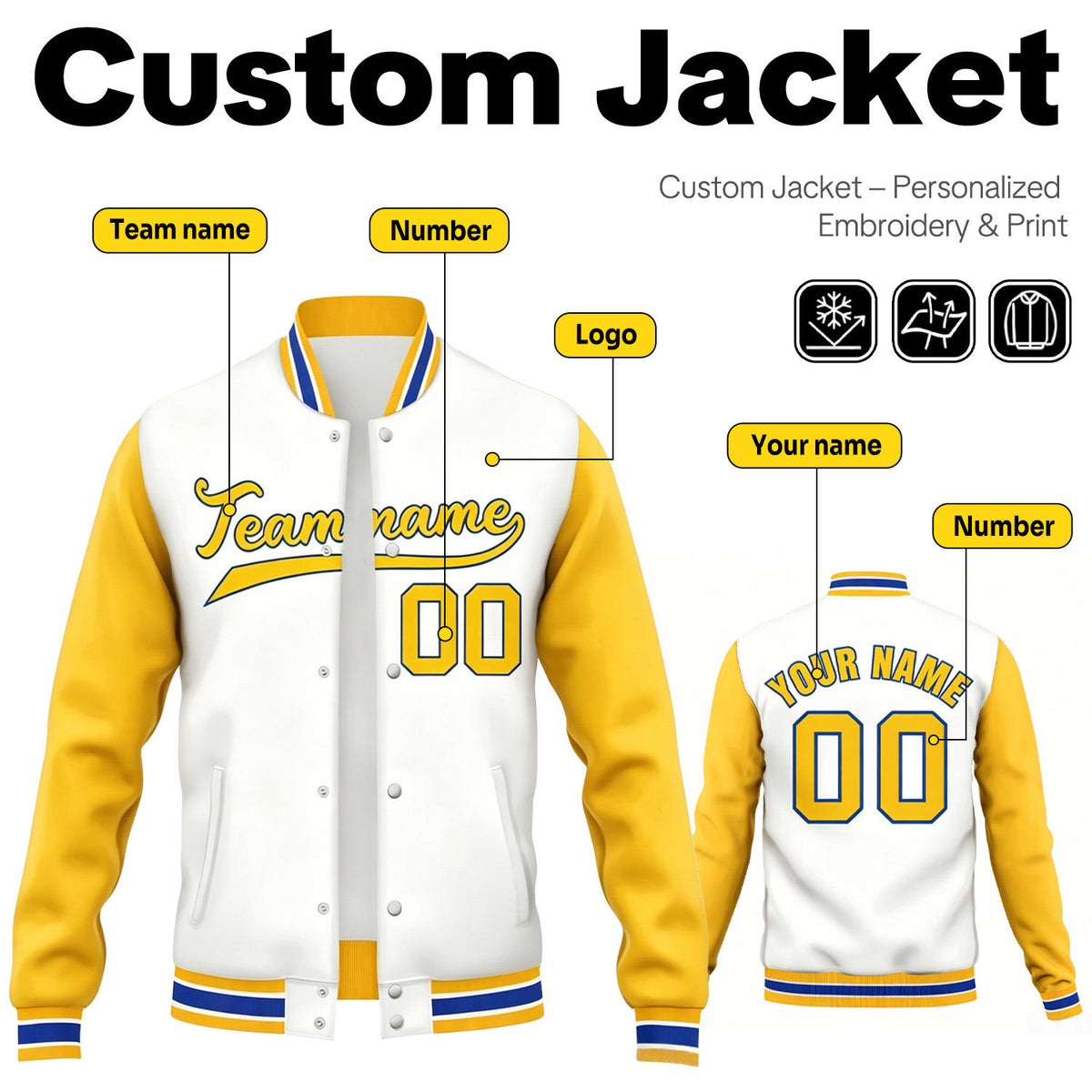 Custom White & Gold Contrast Sleeve Varsity Baseball Jacket | Personalized Team Name & Number