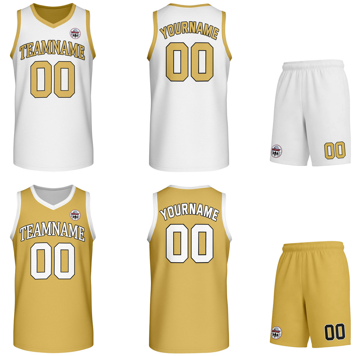 Custom gold &amp; white Reversible basketball uniform set, personalized team name number logo breathable mesh jersey and shorts men women youth game practice - Vosoli