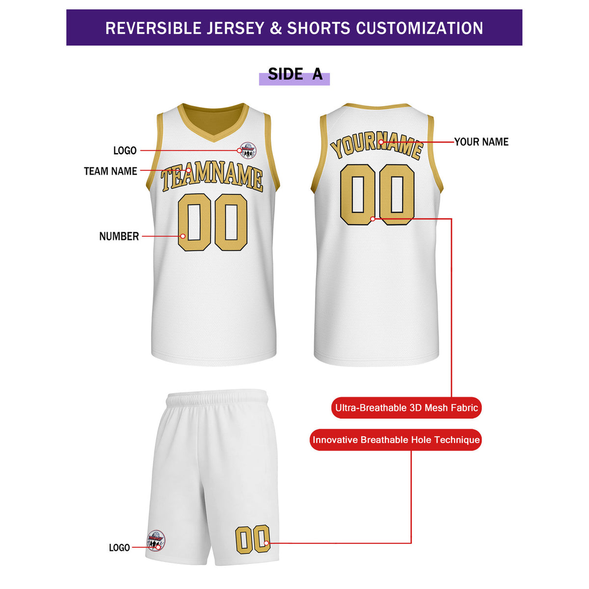 Custom White & Gold Reversible Basketball Uniform Set | Personalized Team Name & Number - Vosoli