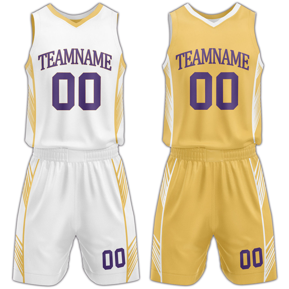 Custom white and gold reversible basketball uniform by Vosoli. Personalized with team name, number, and logo. Breathable mesh jersey and shorts for high school, college, and AAU teams.