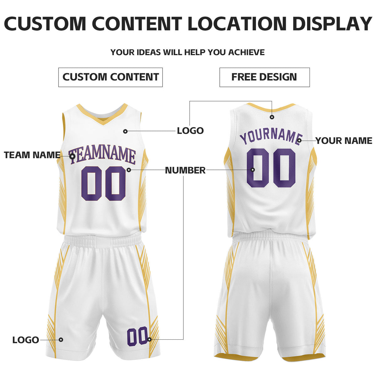 Custom White & Gold Reversible Basketball Uniform Set | Personalized Name Number Sports Jersey Shorts Kit