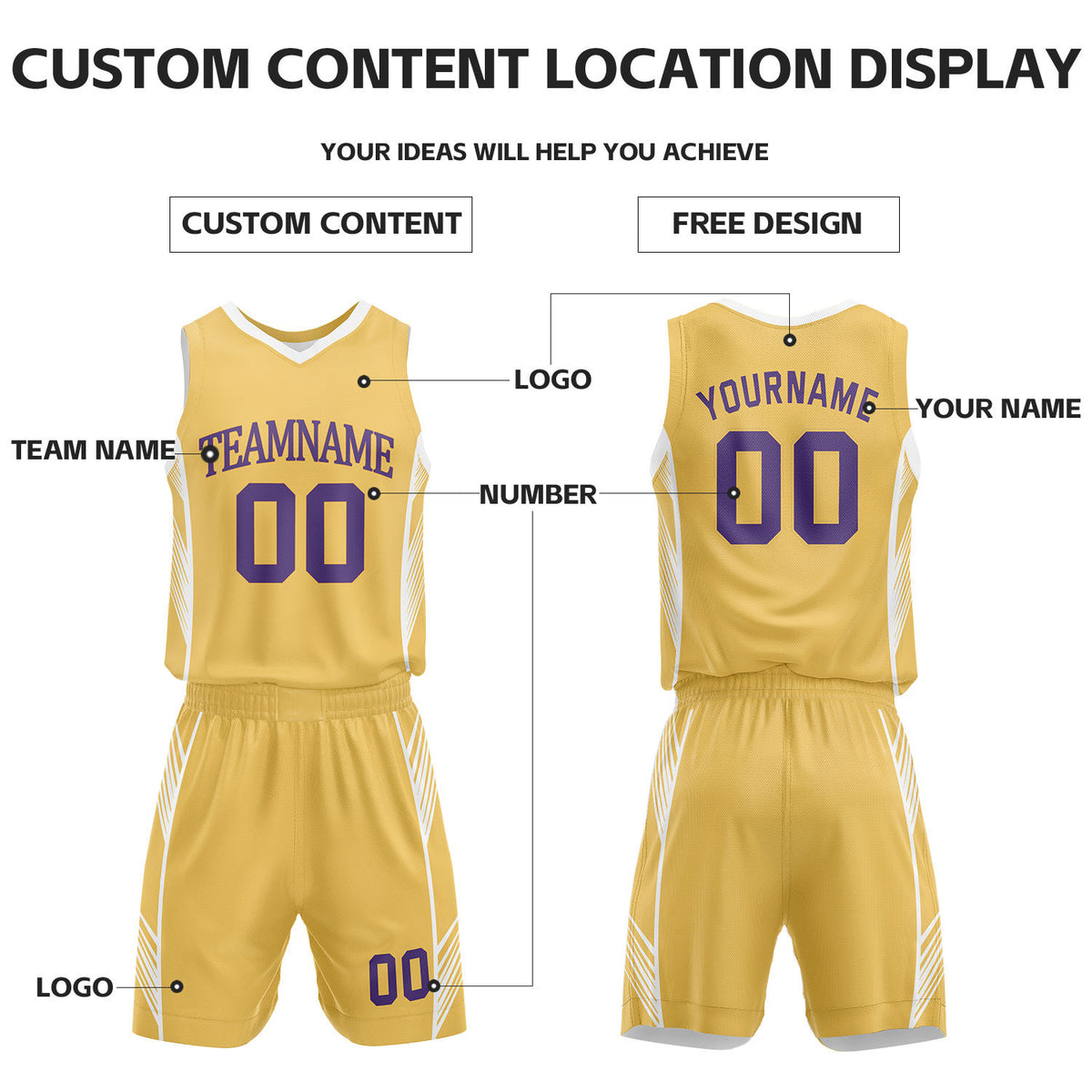 Custom White & Gold Reversible Basketball Uniform Set | Personalized Name Number Sports Jersey Shorts Kit