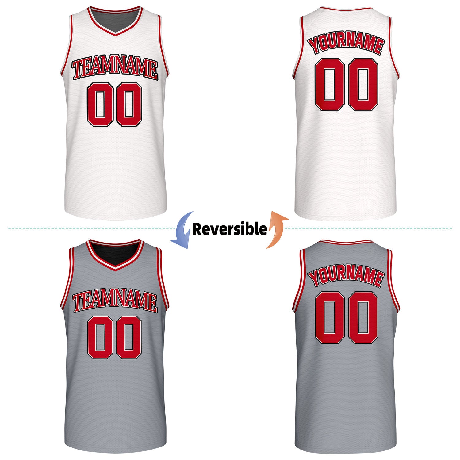Custom reversible retro white & gray basketball jersey, personalized team name & number, 2-in-1 sleeveless uniform for men women youth adult game practice - Vosoli