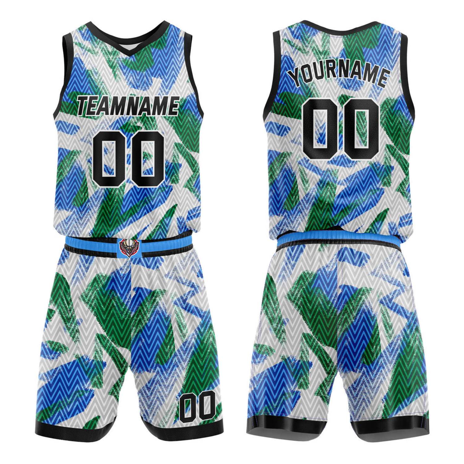 Custom White Green Blue Abstract Zigzag Basketball Uniform | Personalized Team Kit - Vosoli