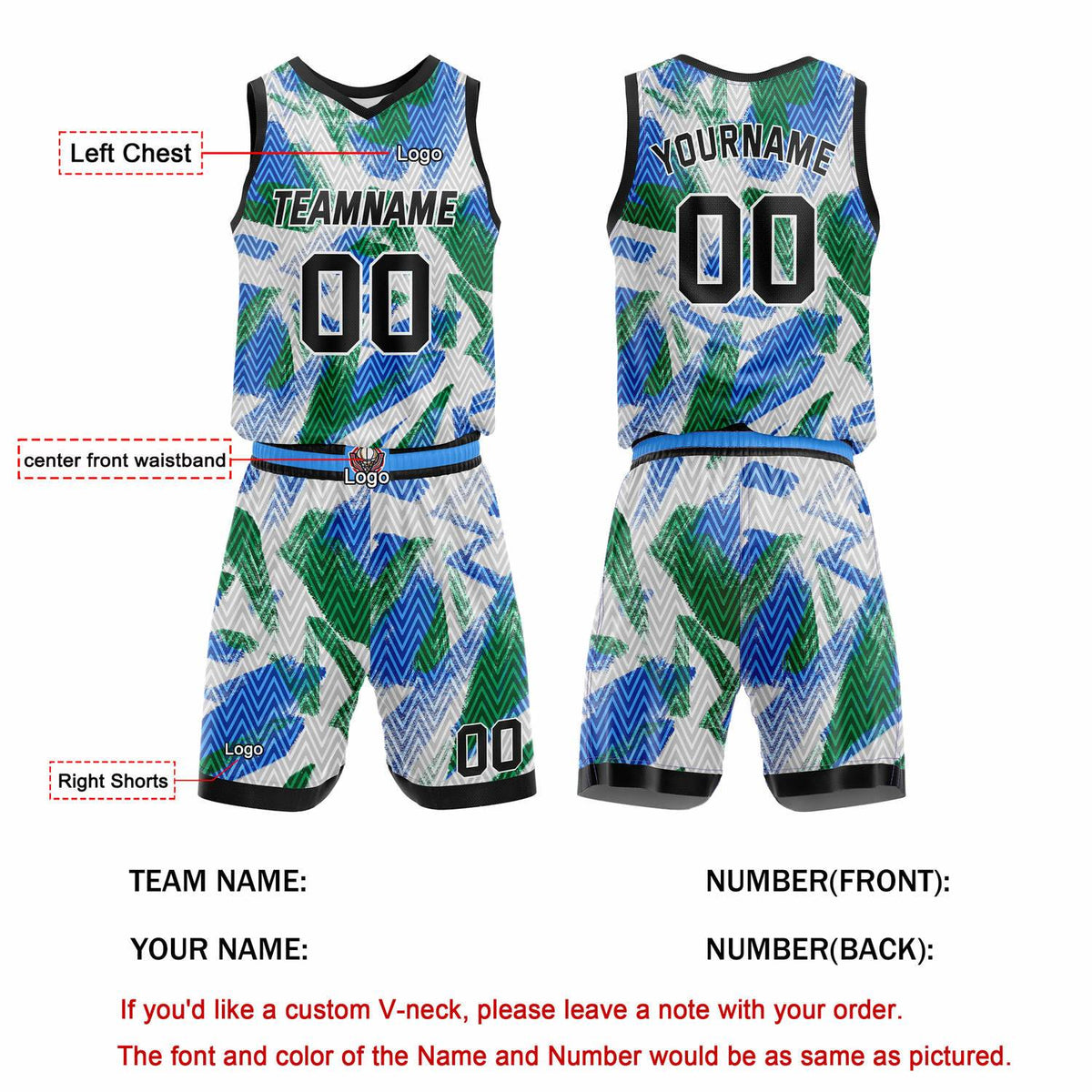 Custom White Green Blue Abstract Zigzag Basketball Uniform | Personalized Team Kit - Vosoli