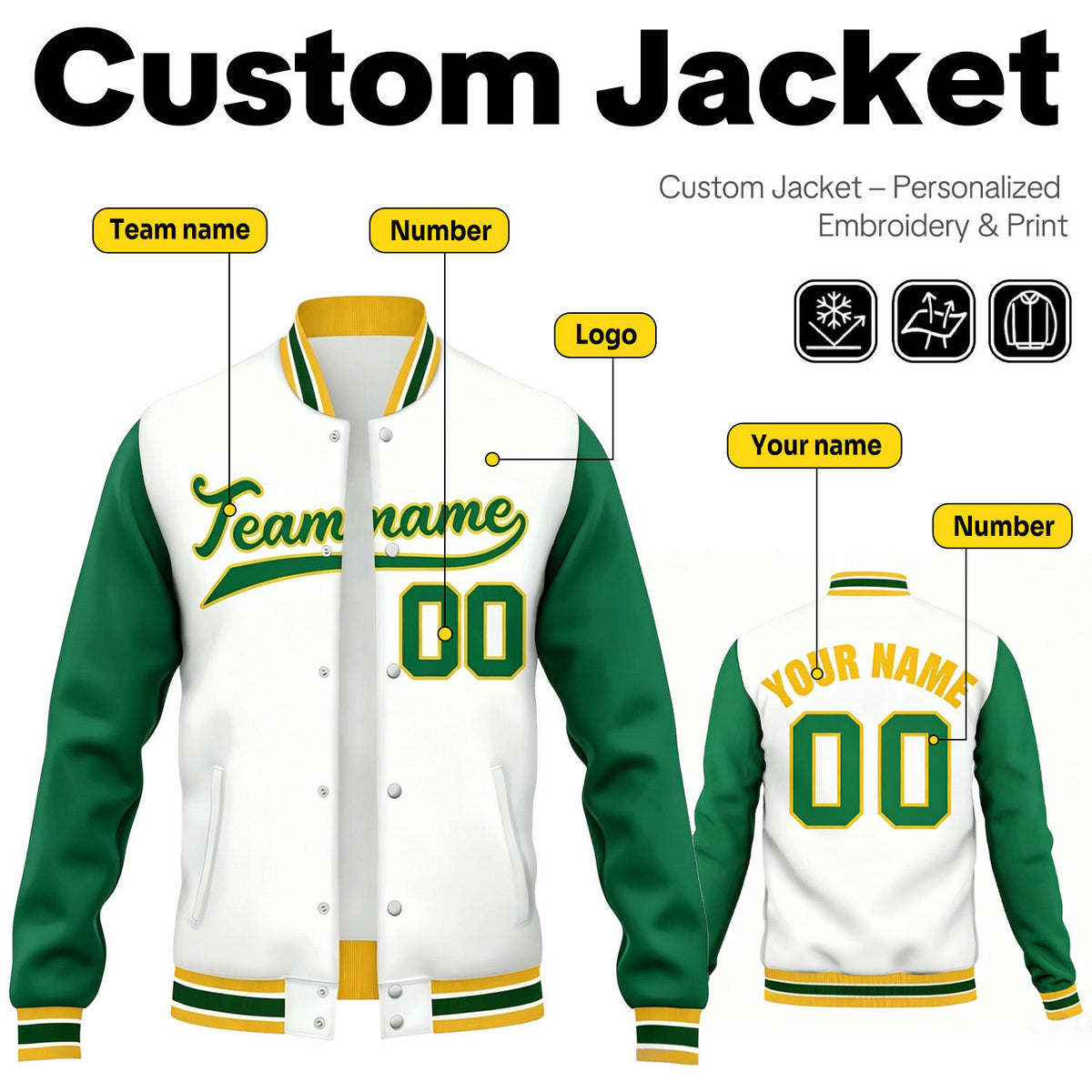 Custom White & Green Contrast Sleeve Varsity Baseball Jacket | Personalized Team Name & Number