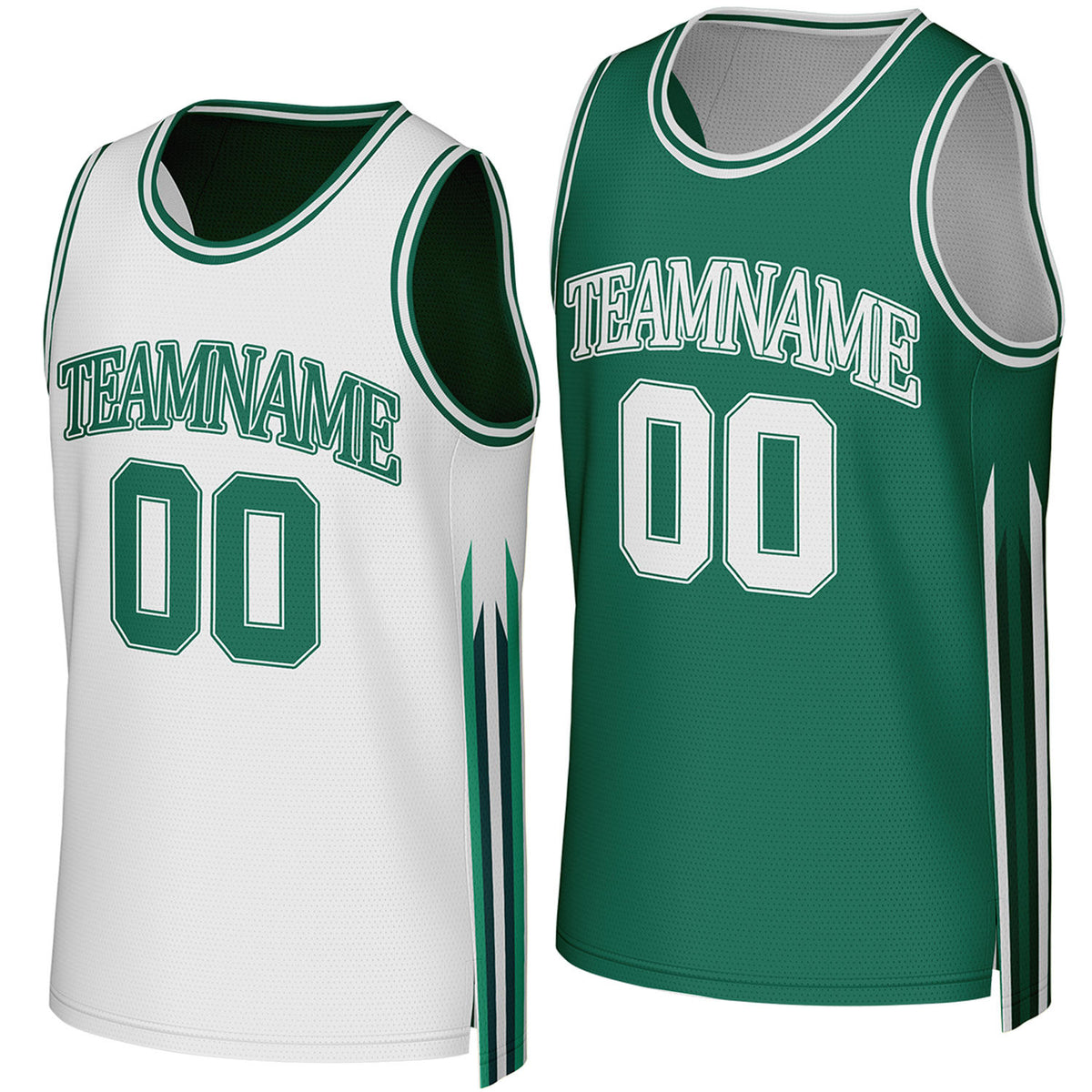 Custom white & green reversible basketball jersey by Vosoli. Personalized with team name, player name, number, and logo on both sides. Breathable mesh 2-in-1 jersey for high school, college, AAU teams.