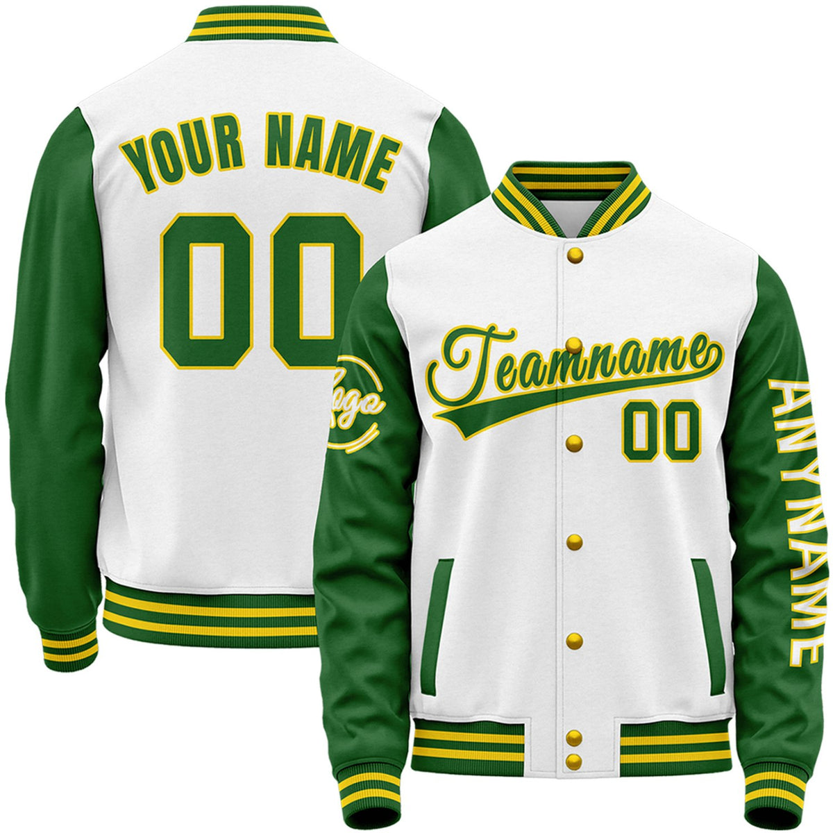 Custom white and green high school team jackets by Vosoli with stitched name, number and logo. Classic varsity jacket for baseball and casual wear.