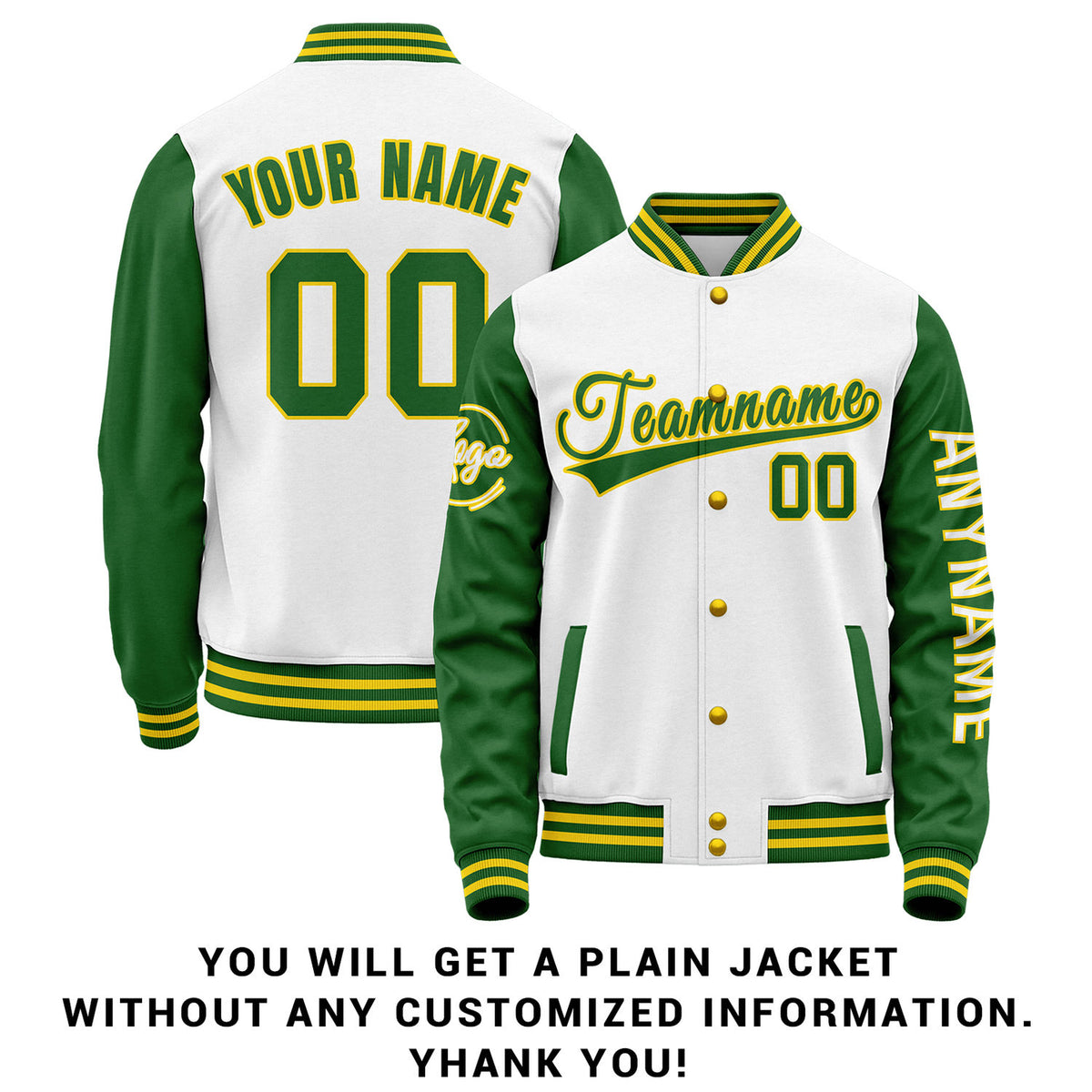 Custom White & Green Two Tone Varsity Letterman Jacket | Personalized Stitched Team Name Number Outerwear