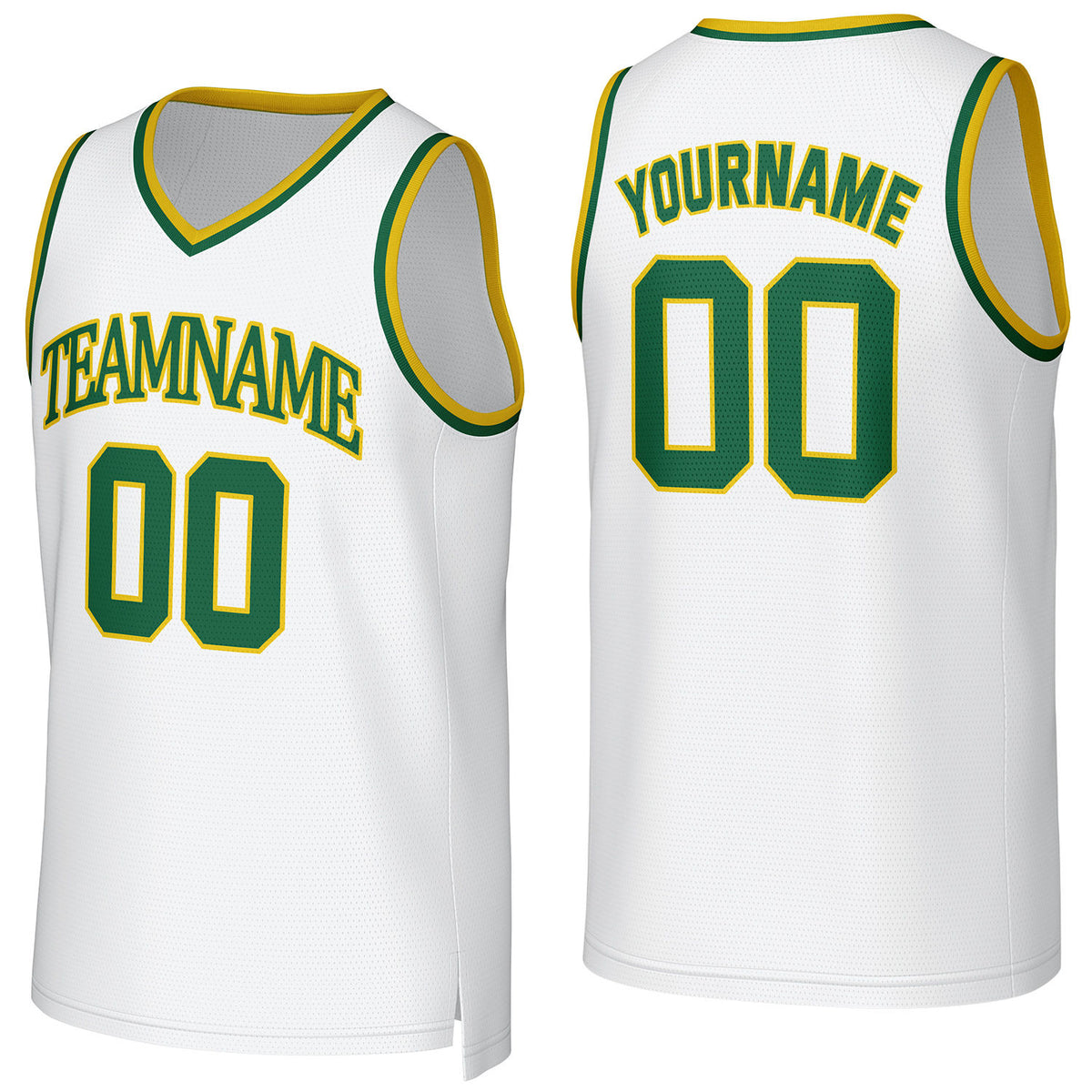 Custom white-green V-neck mesh basketball jersey by Vosoli | Personalized name &amp; number team uniform for youth &amp; adults