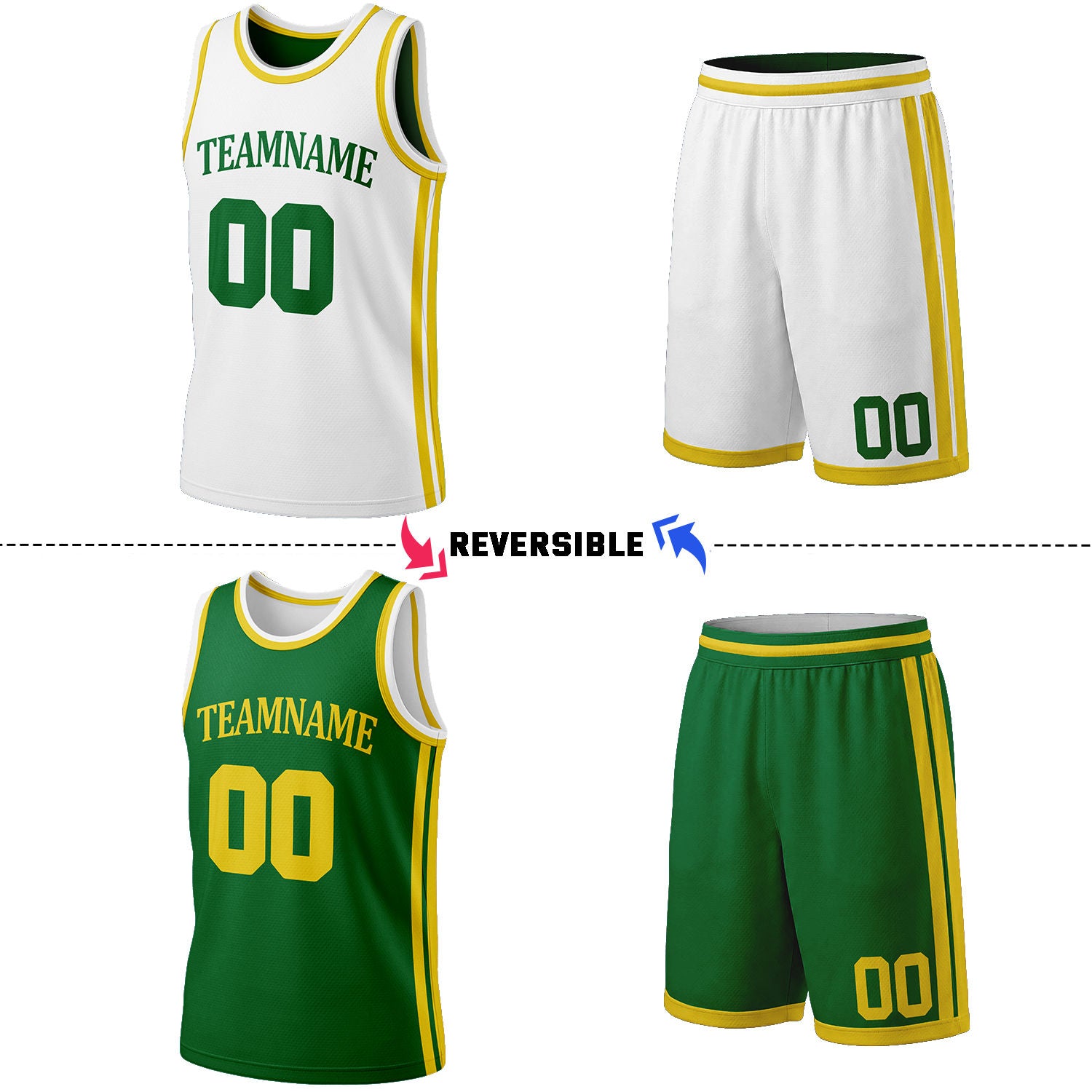 Custom White & Green Reversible Basketball Jersey Shorts Set | Personalized Full Team Uniform
