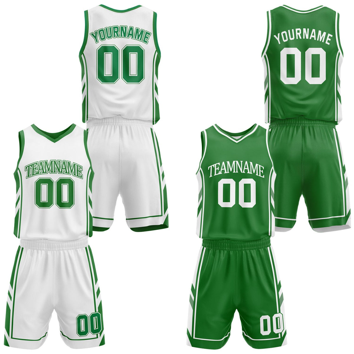 Custom white and green reversible basketball uniform by Vosoli. Personalized with team name, number, and logo. Breathable mesh jersey and shorts for high school, college, and AAU teams.