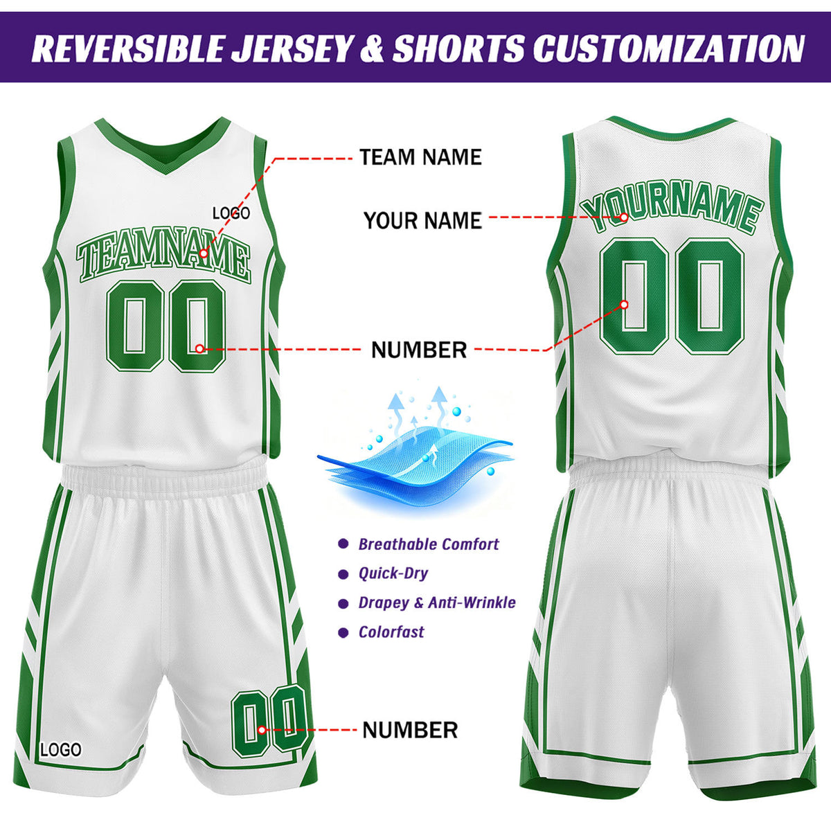 Custom White & Green Reversible Basketball Uniform Set | Personalized Name Number Sports Jersey Shorts Kit